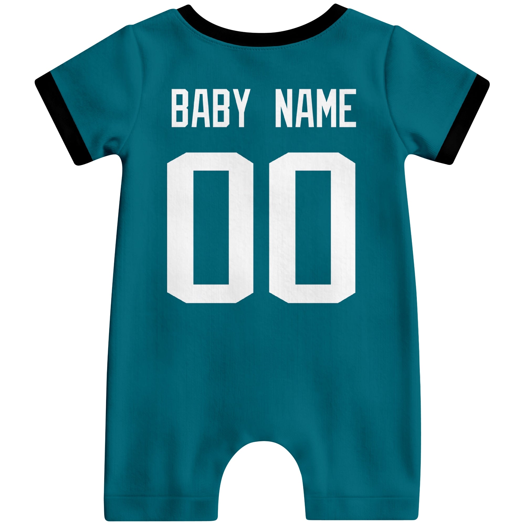 Back view of custom football-style baby onesie in Teal personalized with baby name and number