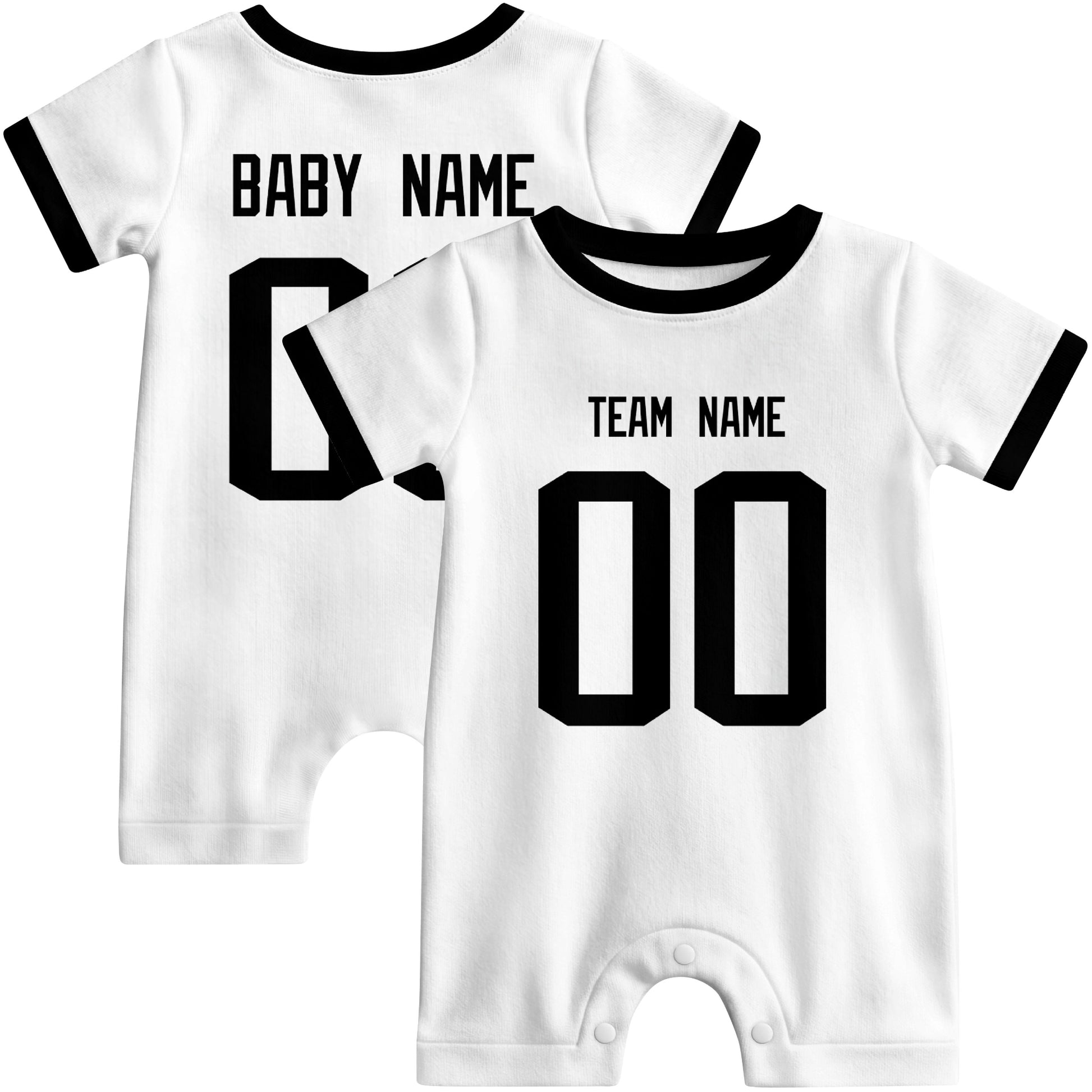 Front and back views of custom football-style baby onesie in White and Teal colors with personalized details