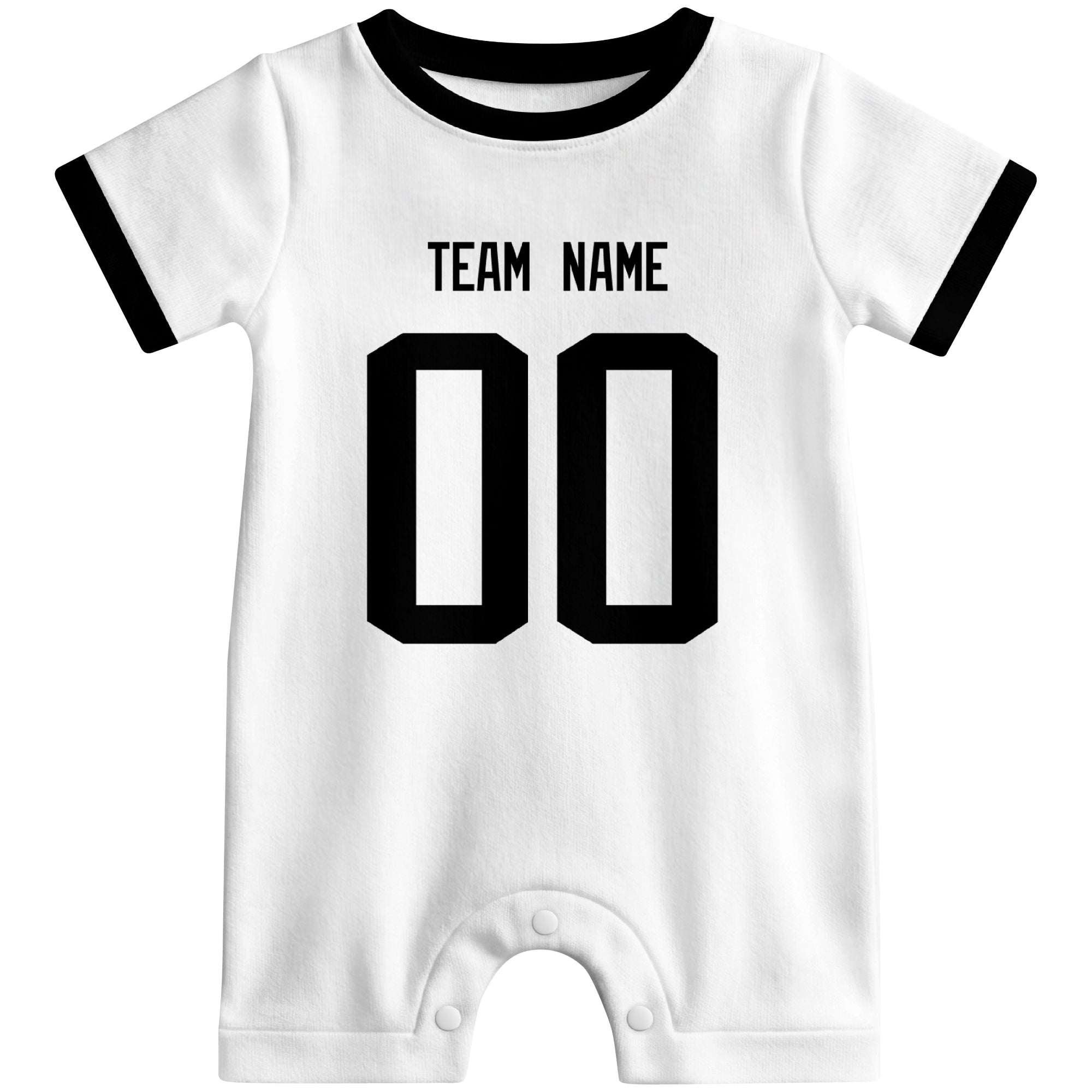 Front view of custom football-style baby onesie in White personalized with name and number