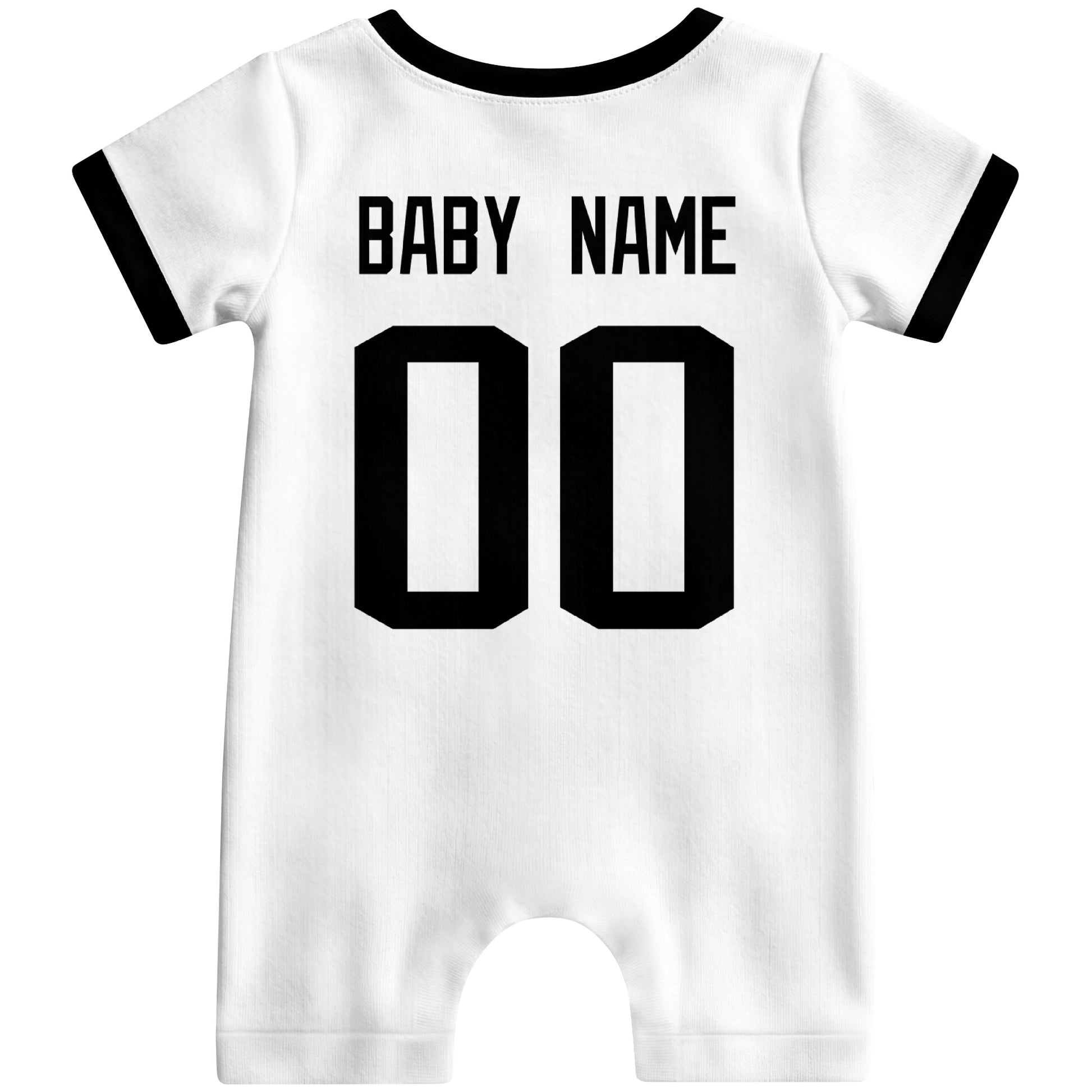 Back view of custom football-style baby onesie in White personalized with name and number