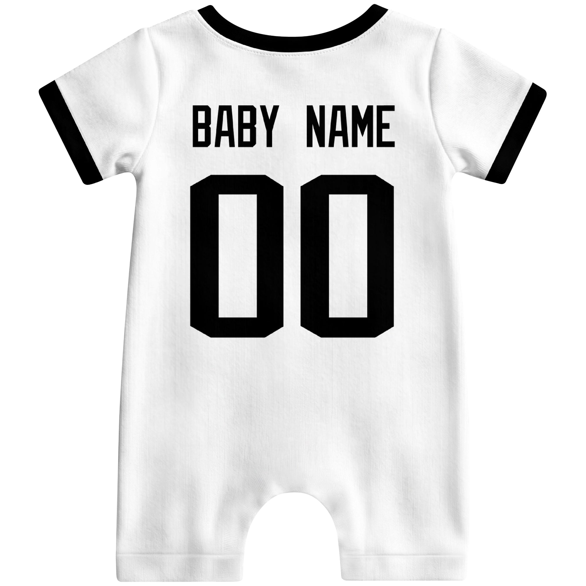 Back view of custom football-style baby onesie in White personalized with name and number