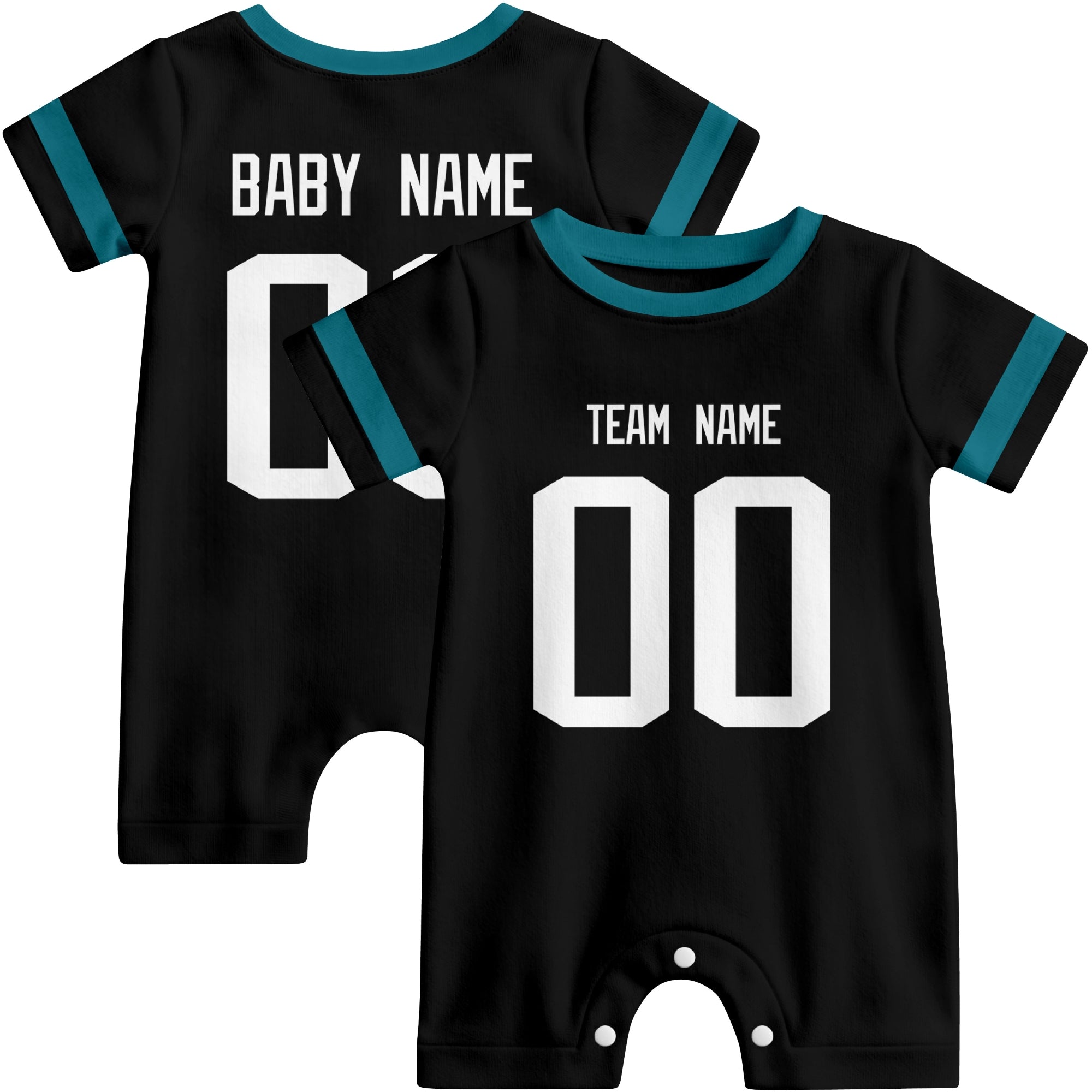 Front and back views of custom football-style baby onesie in Black and Teal colors with personalized details