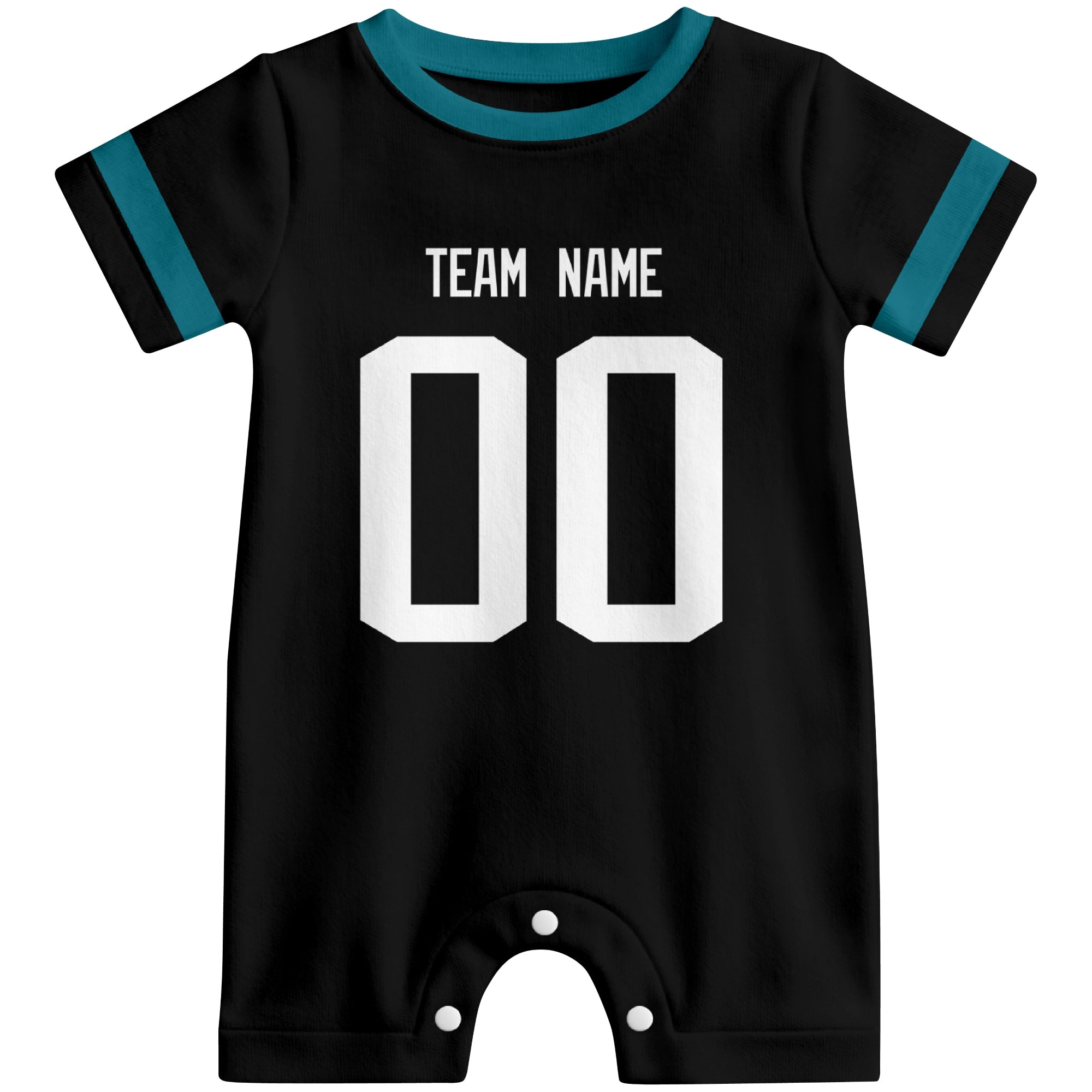 Front view of custom football-style baby onesie in Black personalized with name and number