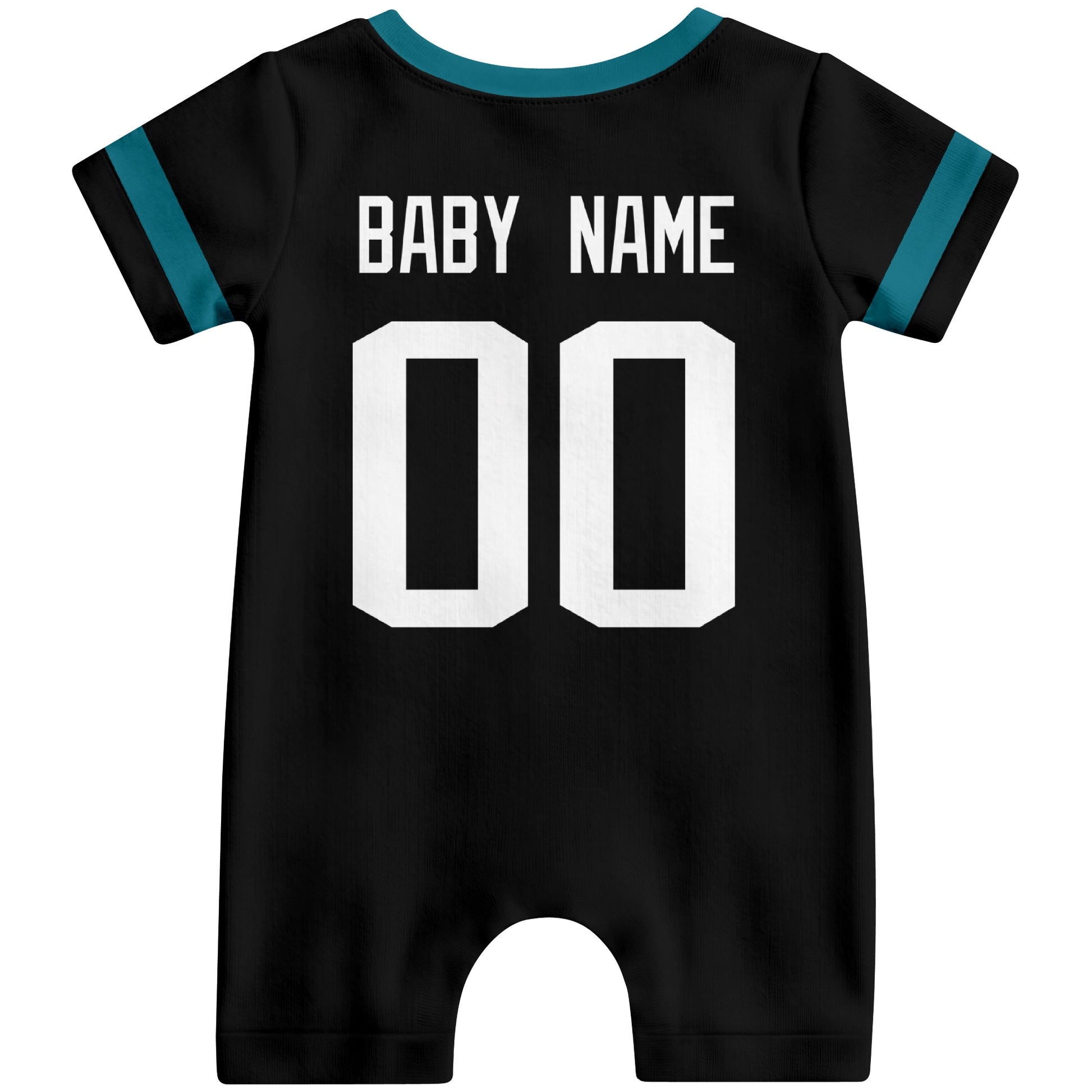 Back view of custom football-style baby onesie in Black personalized with name and number