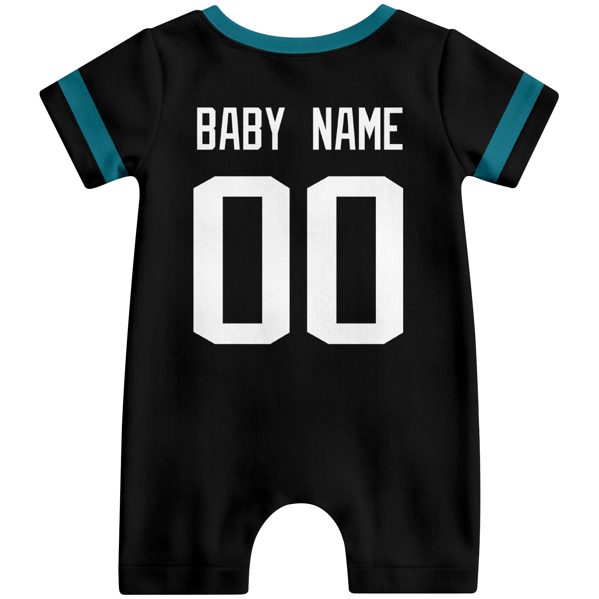 Back view of custom football-style baby onesie in Black personalized with name and number
