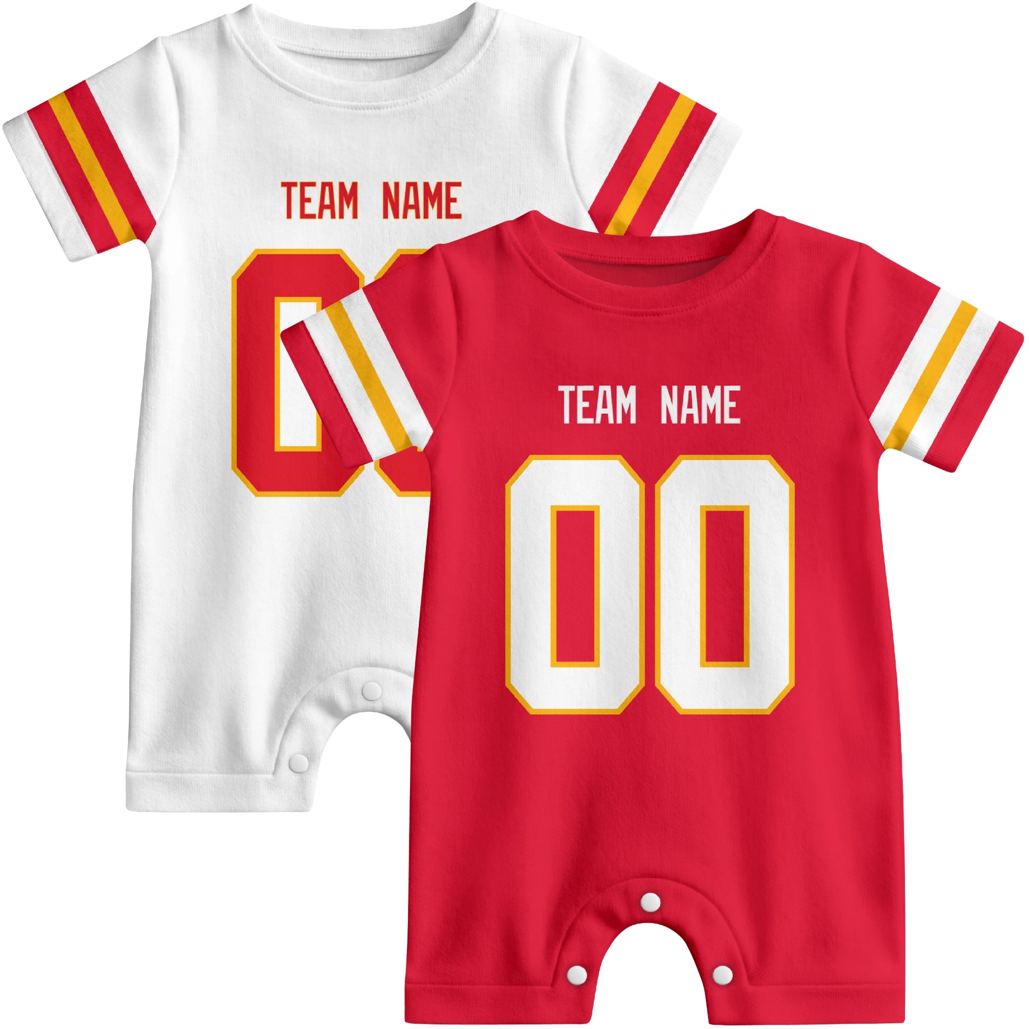 Custom football-style baby onesie color options in Red and White