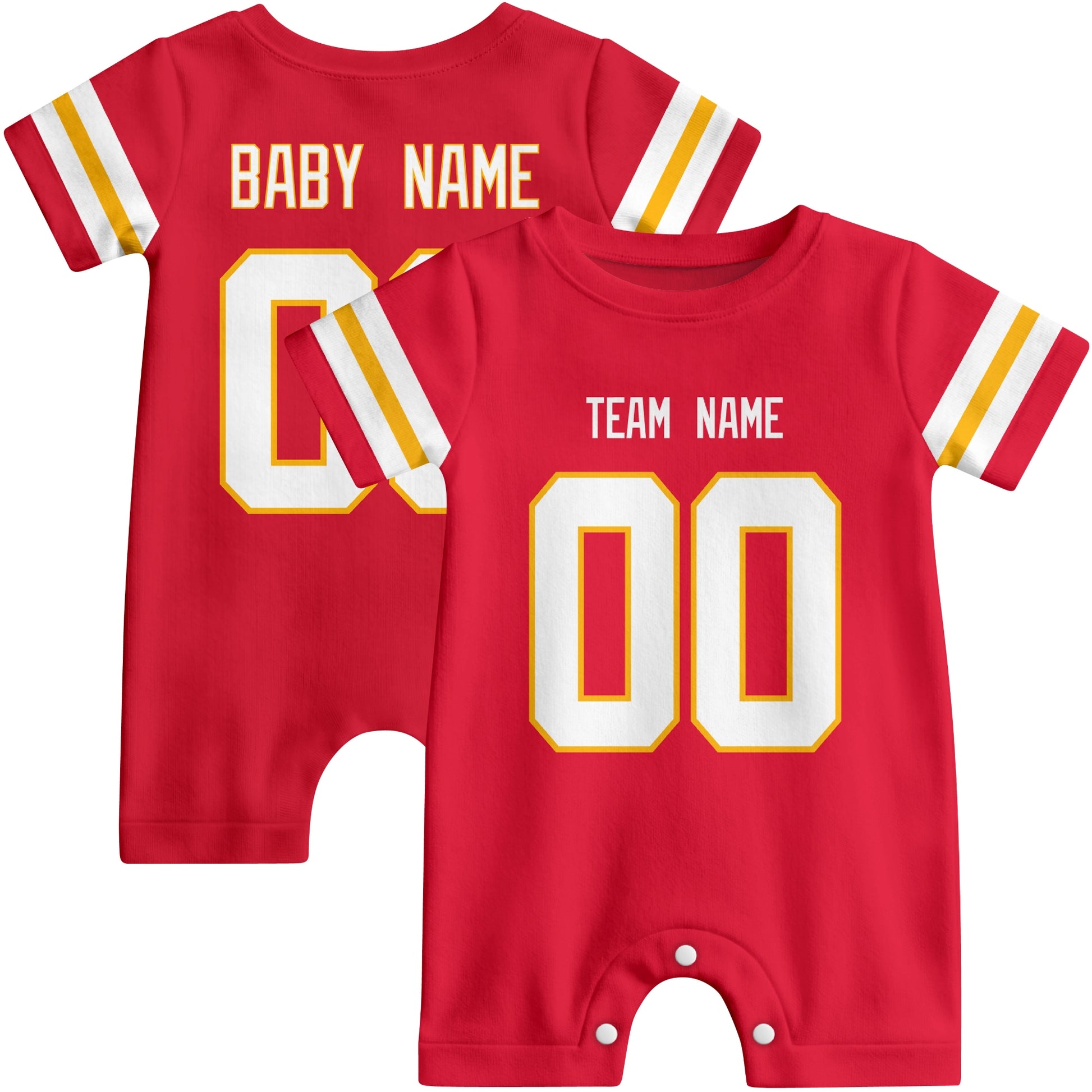 Front and back views of custom football-style baby onesie in Red and White colors with personalized details
