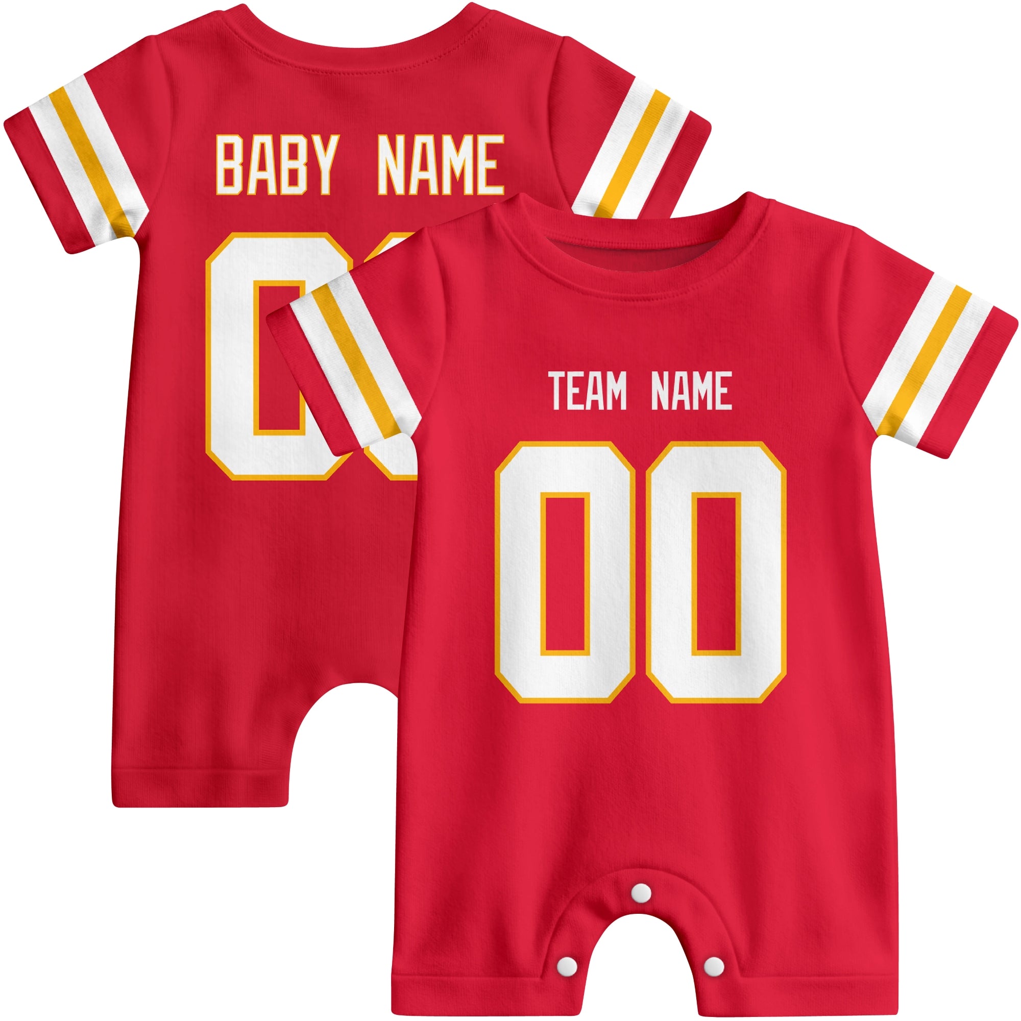Front and back views of custom football-style baby onesie in Red and White colors with personalized details