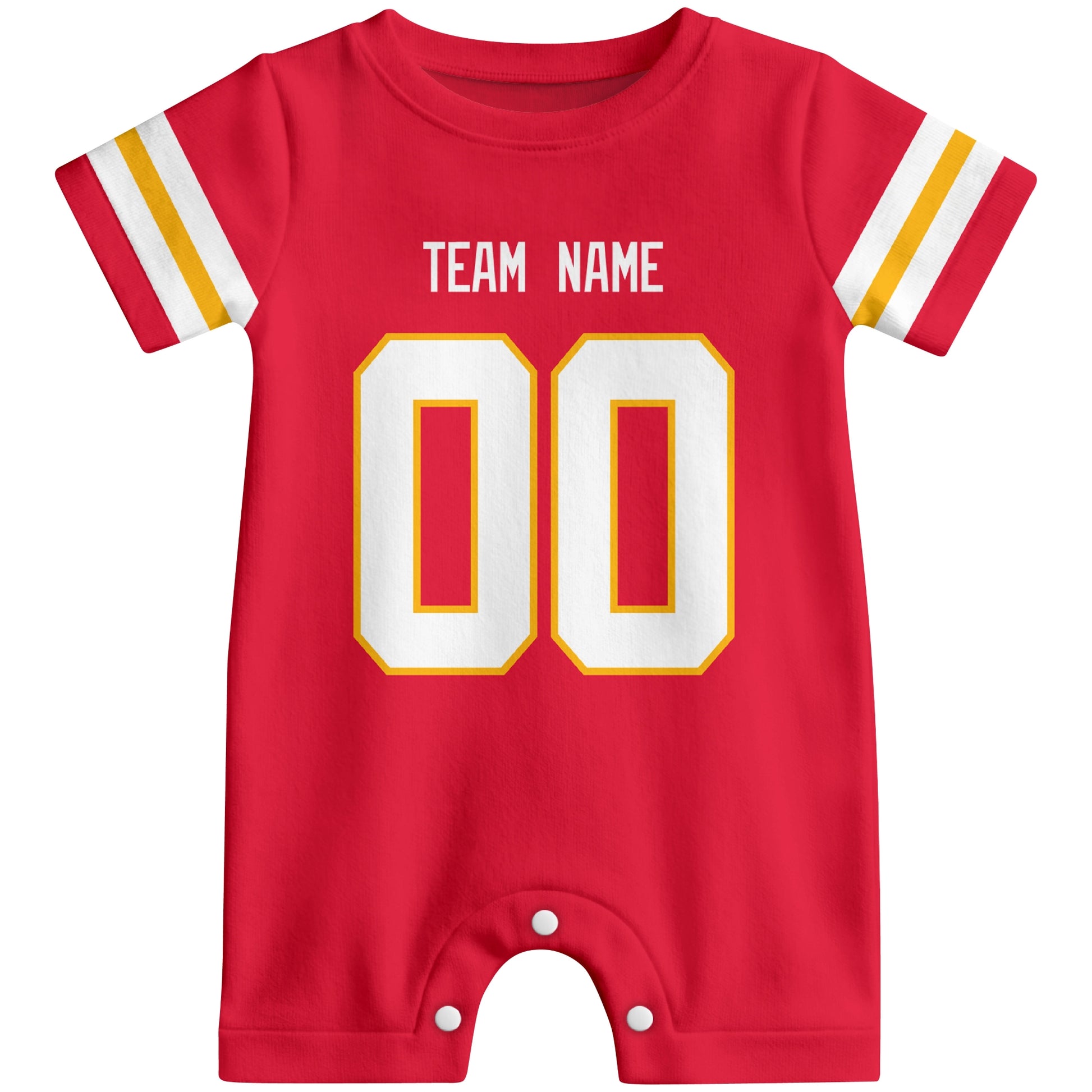 Front view of custom football-style baby onesie in Red personalized with team name and number