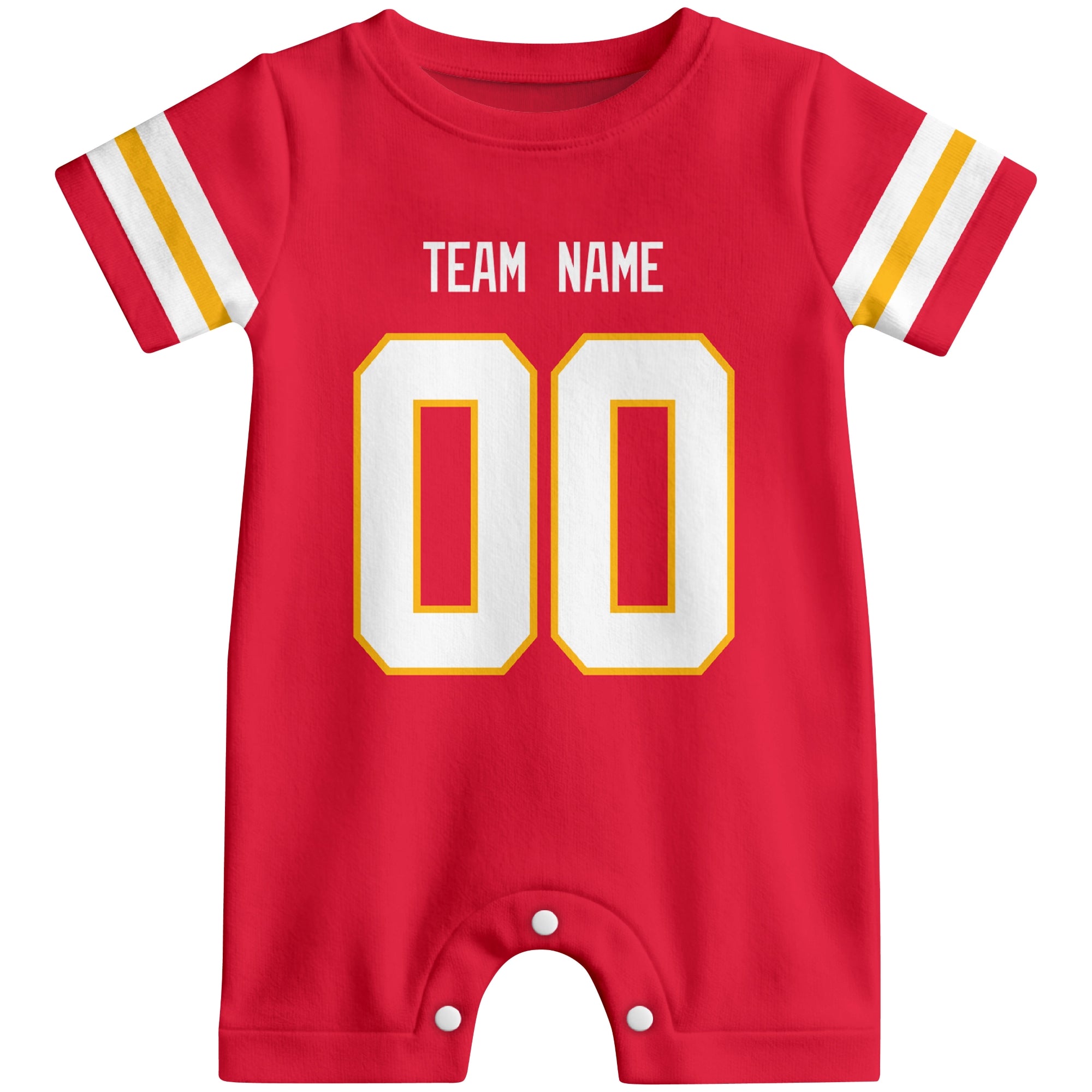 Front view of custom football-style baby onesie in Red personalized with team name and number