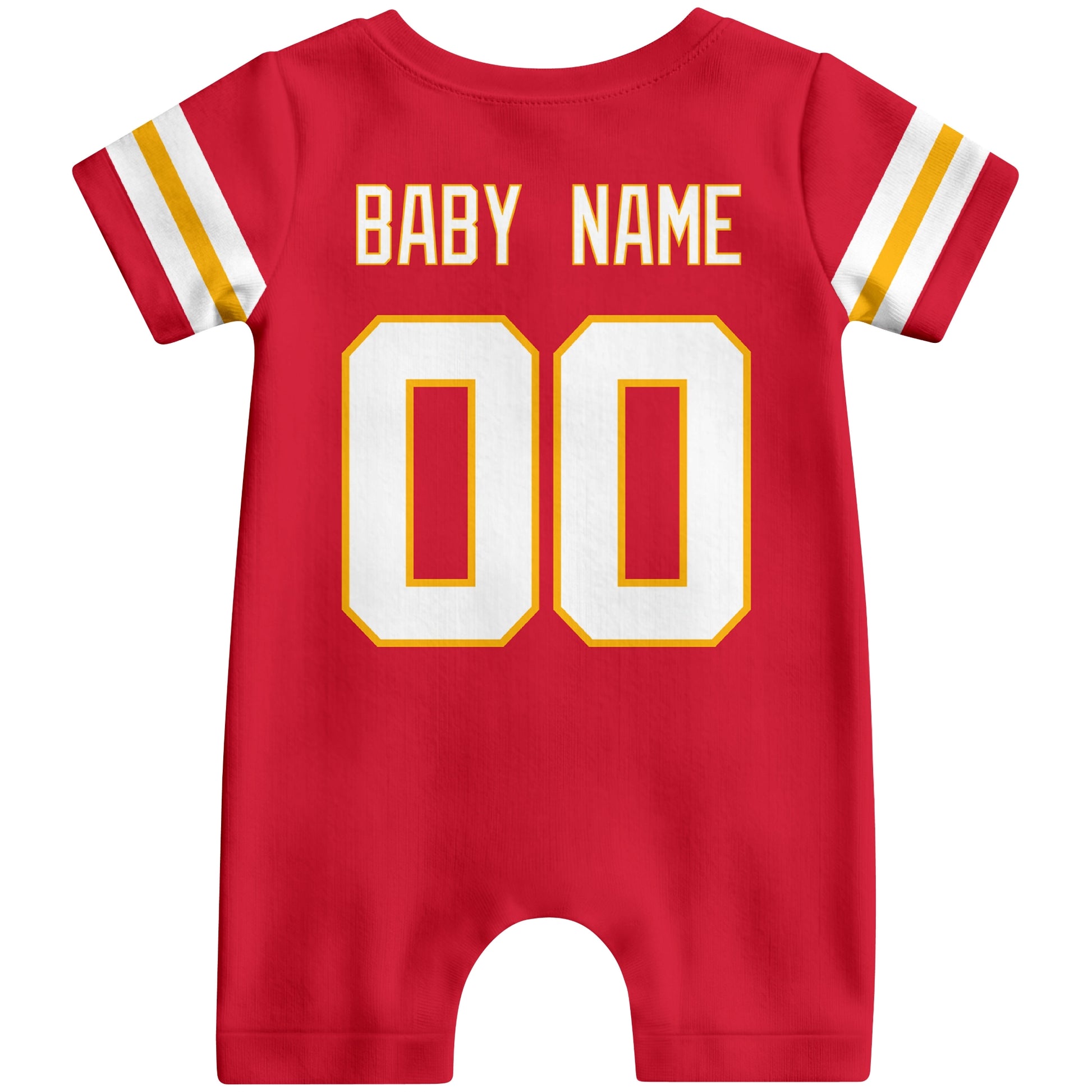 Back view of custom football-style baby onesie in Red personalized with baby name and number