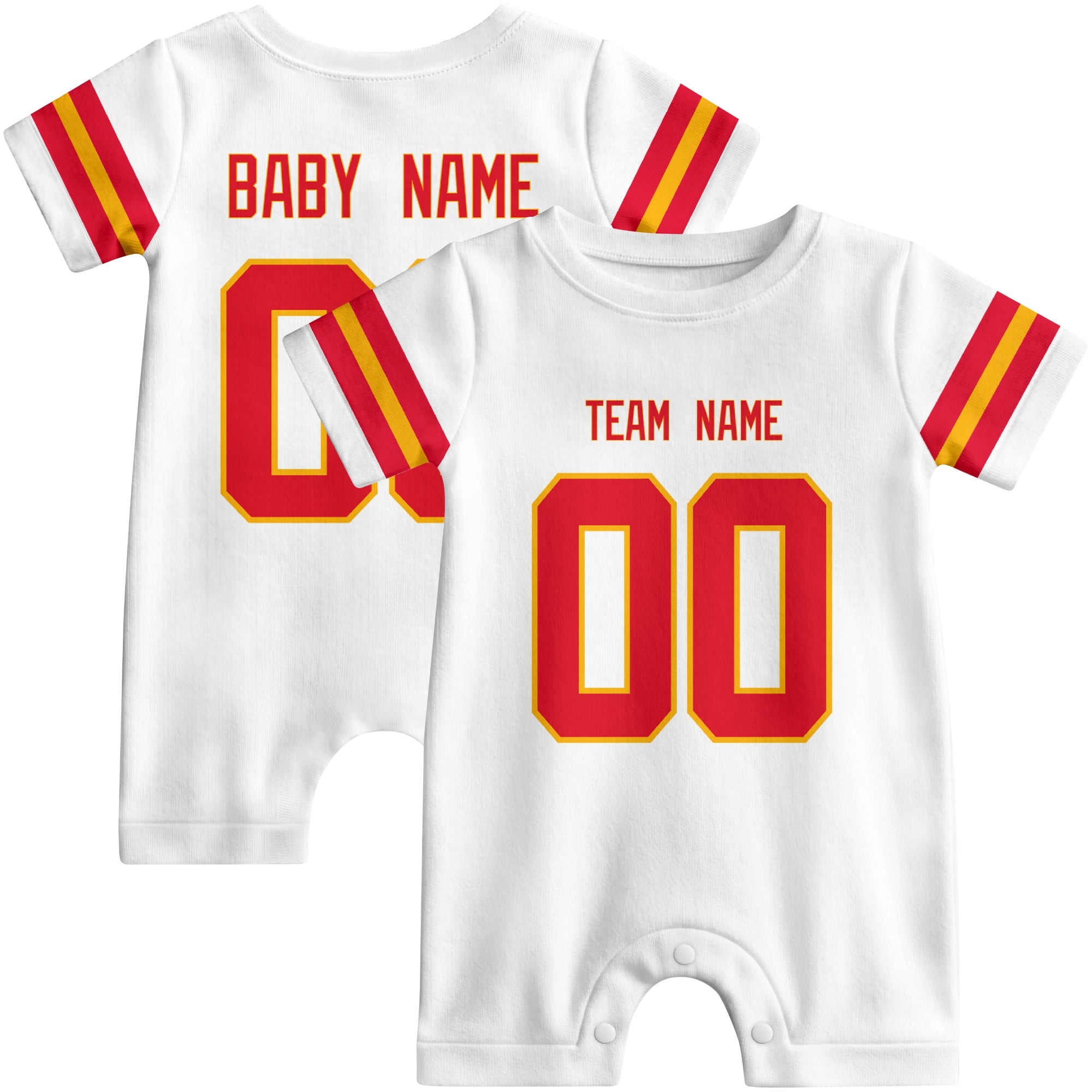 Front and back views of custom football-style baby onesie in White and Red colors with personalized details