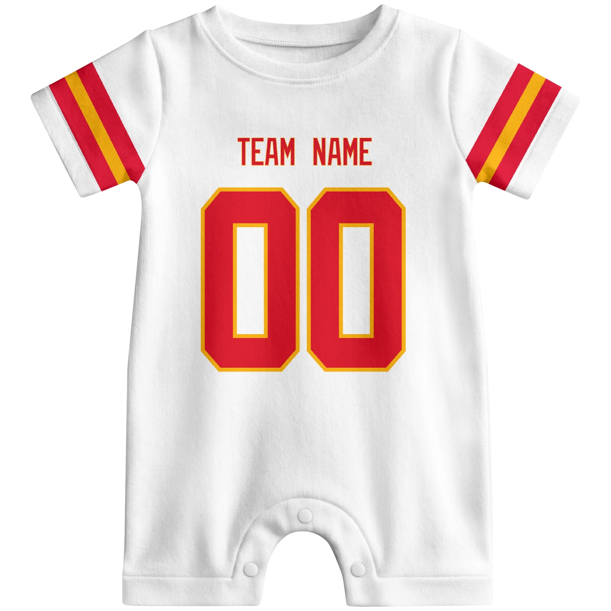 Front view of custom football-style baby onesie in White personalized with name and number