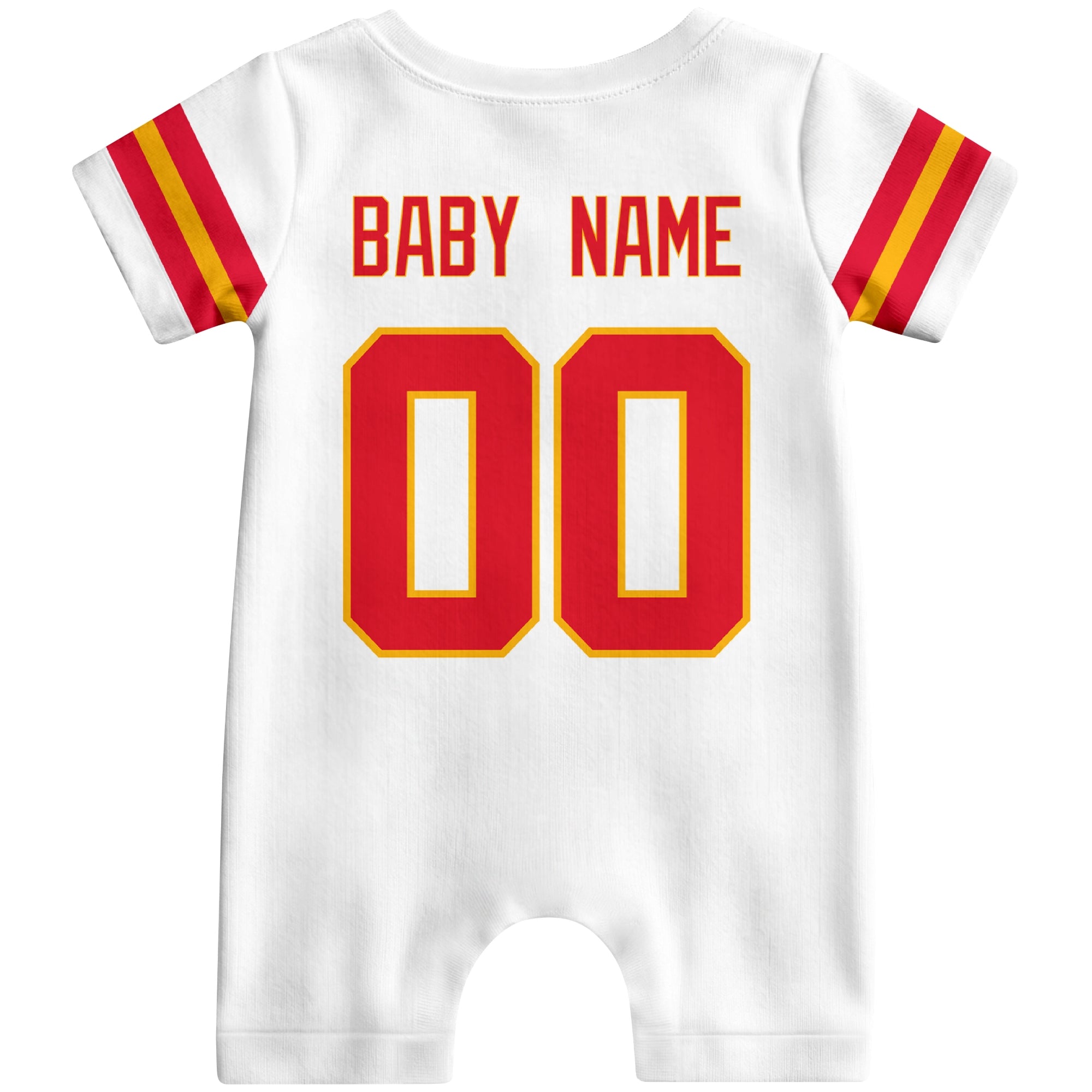 Back view of custom football-style baby onesie in White personalized with name and number
