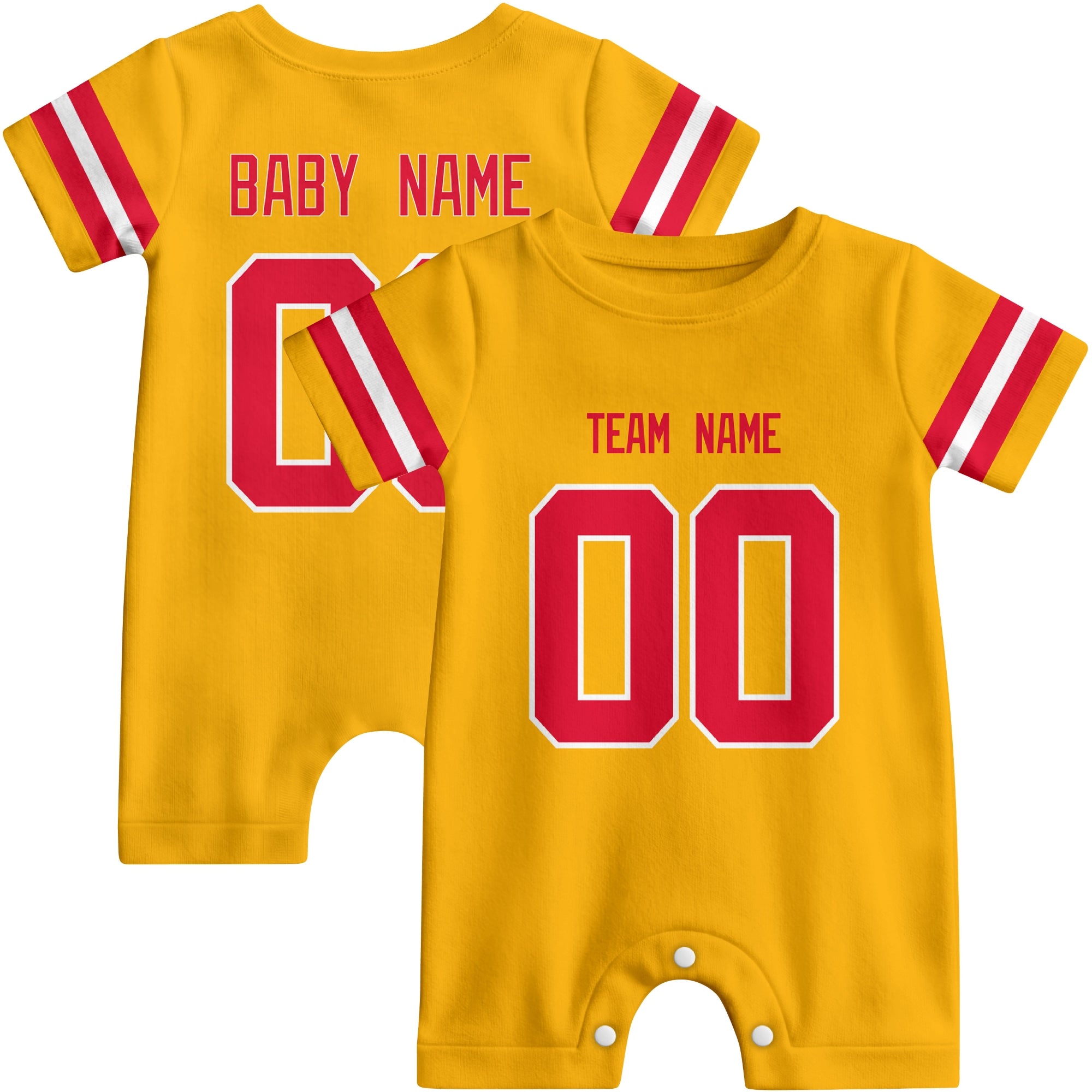 Front and back views of custom football-style baby onesie in Gold and Red colors with personalized details