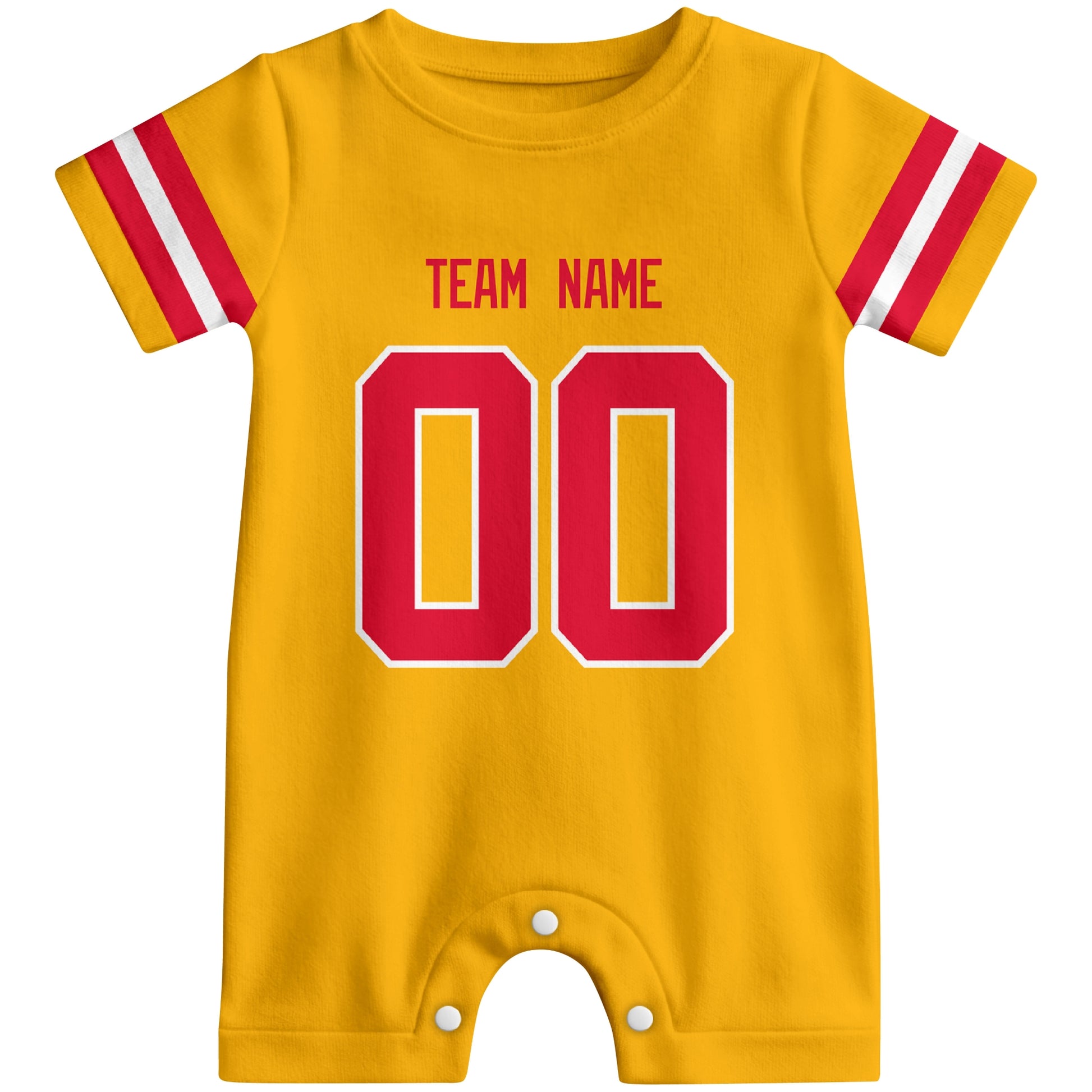 Front view of custom football-style baby onesie in Gold personalized with name and number