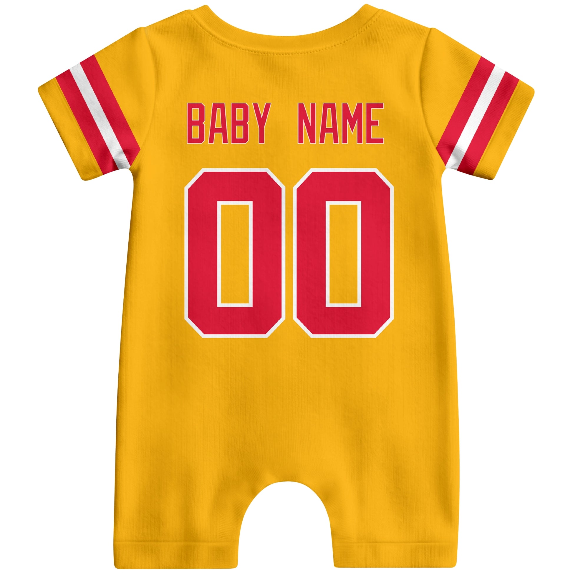 Back view of custom football-style baby onesie in Gold personalized with name and number