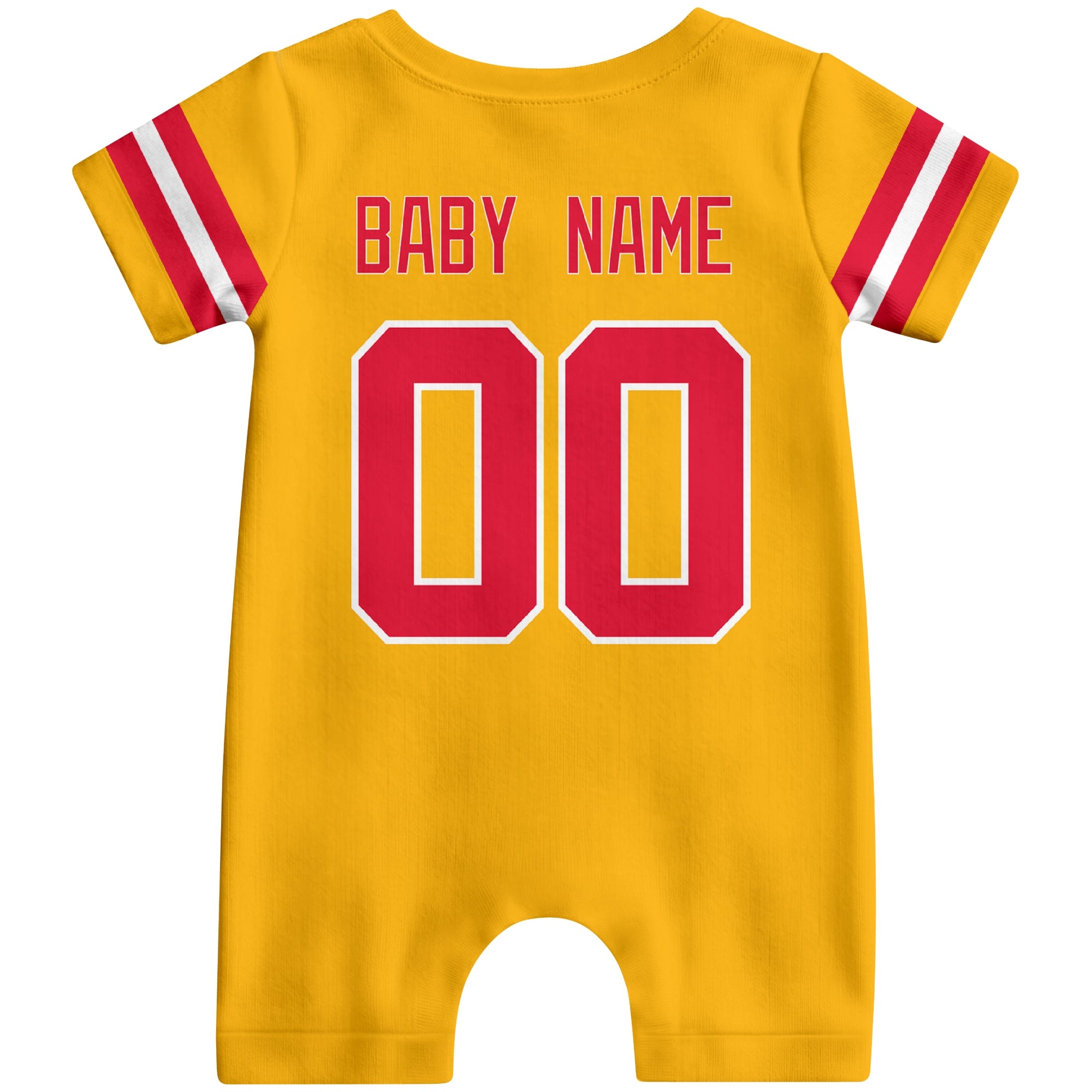 Back view of custom football-style baby onesie in Gold personalized with name and number