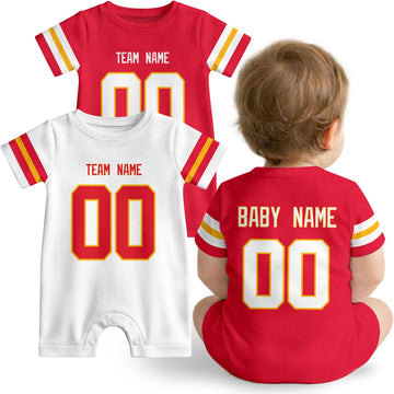 Baby wearing custom football-style onesie in Red, White, and Gold with personalized name and number