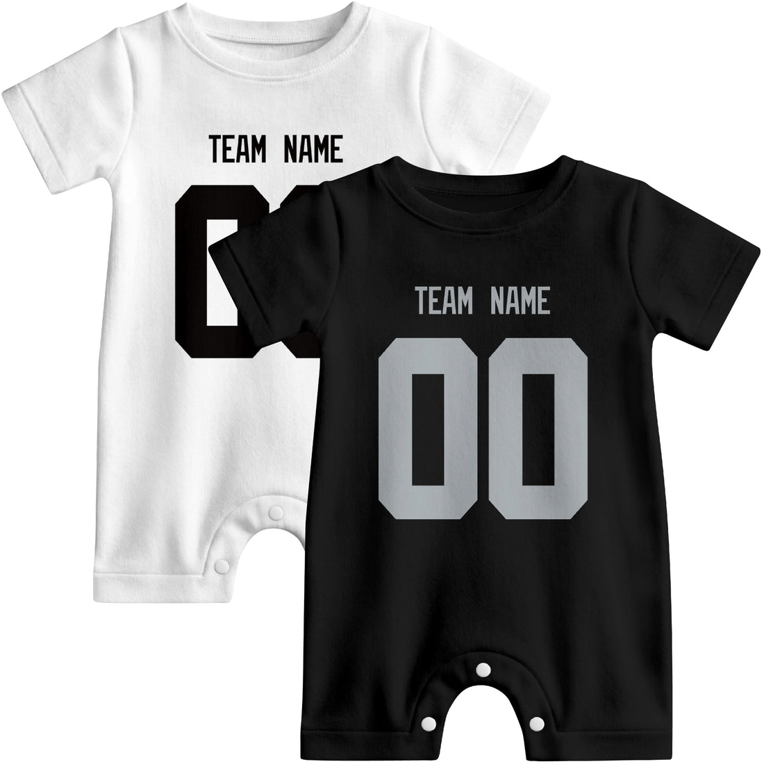 Baby wearing custom football-style onesie in Black, White, and Gray with personalized name and number