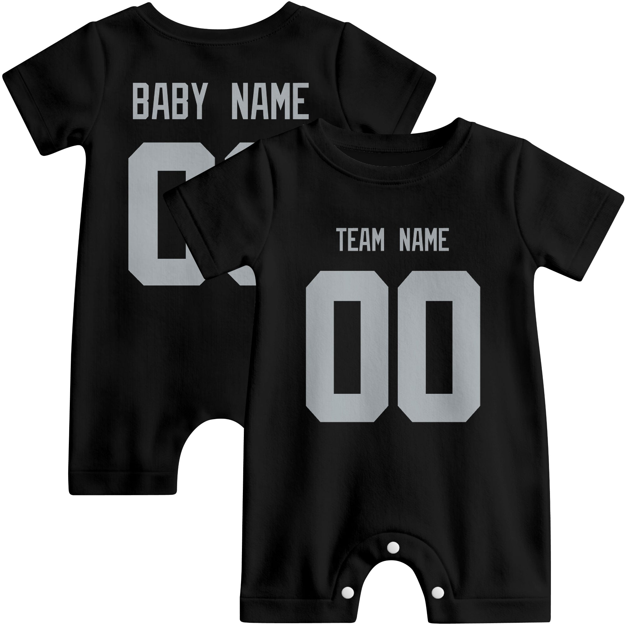 Front and back views of custom football-style baby onesie in Black and White colors with personalized details