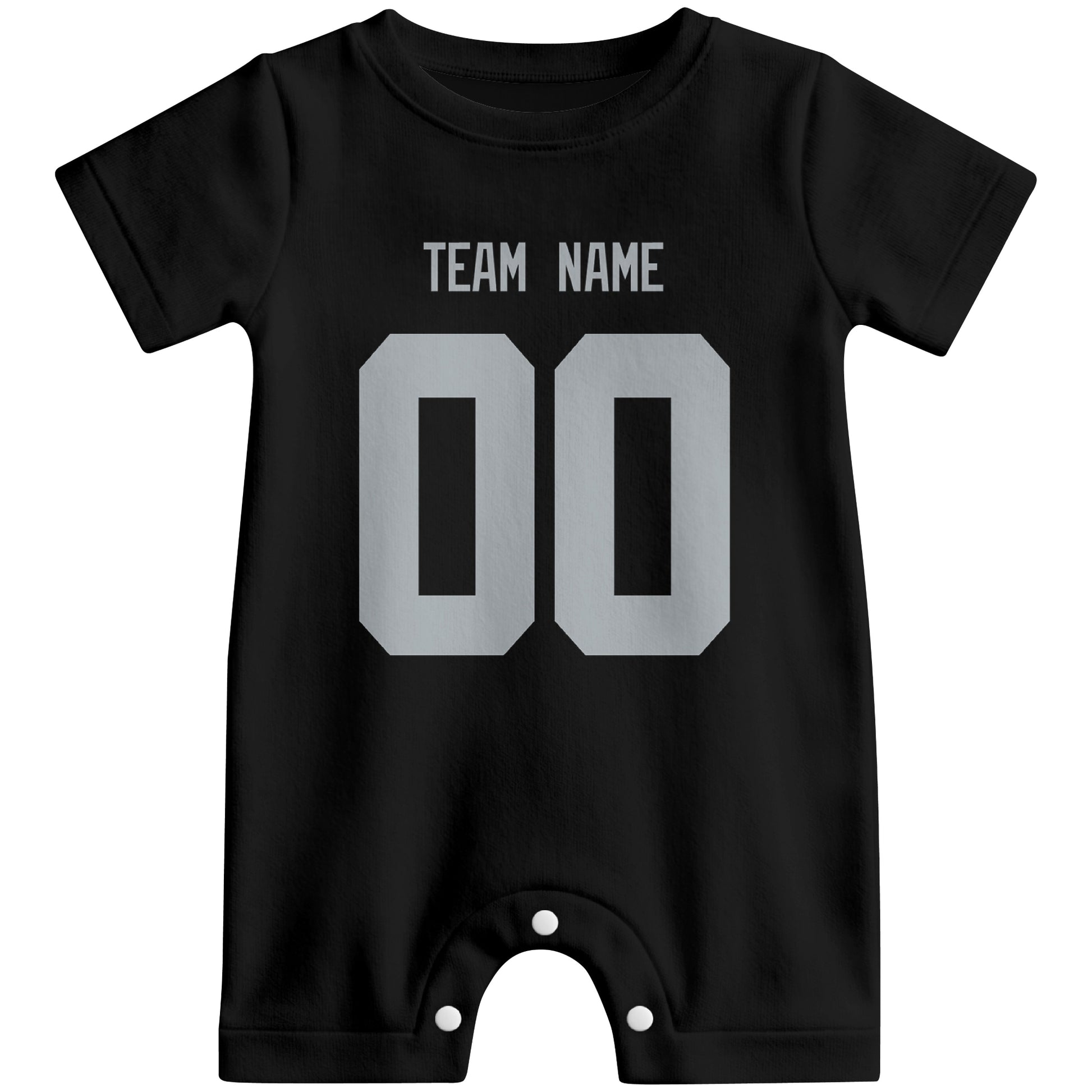 Front view of custom football-style baby onesie in Black personalized with team name and number