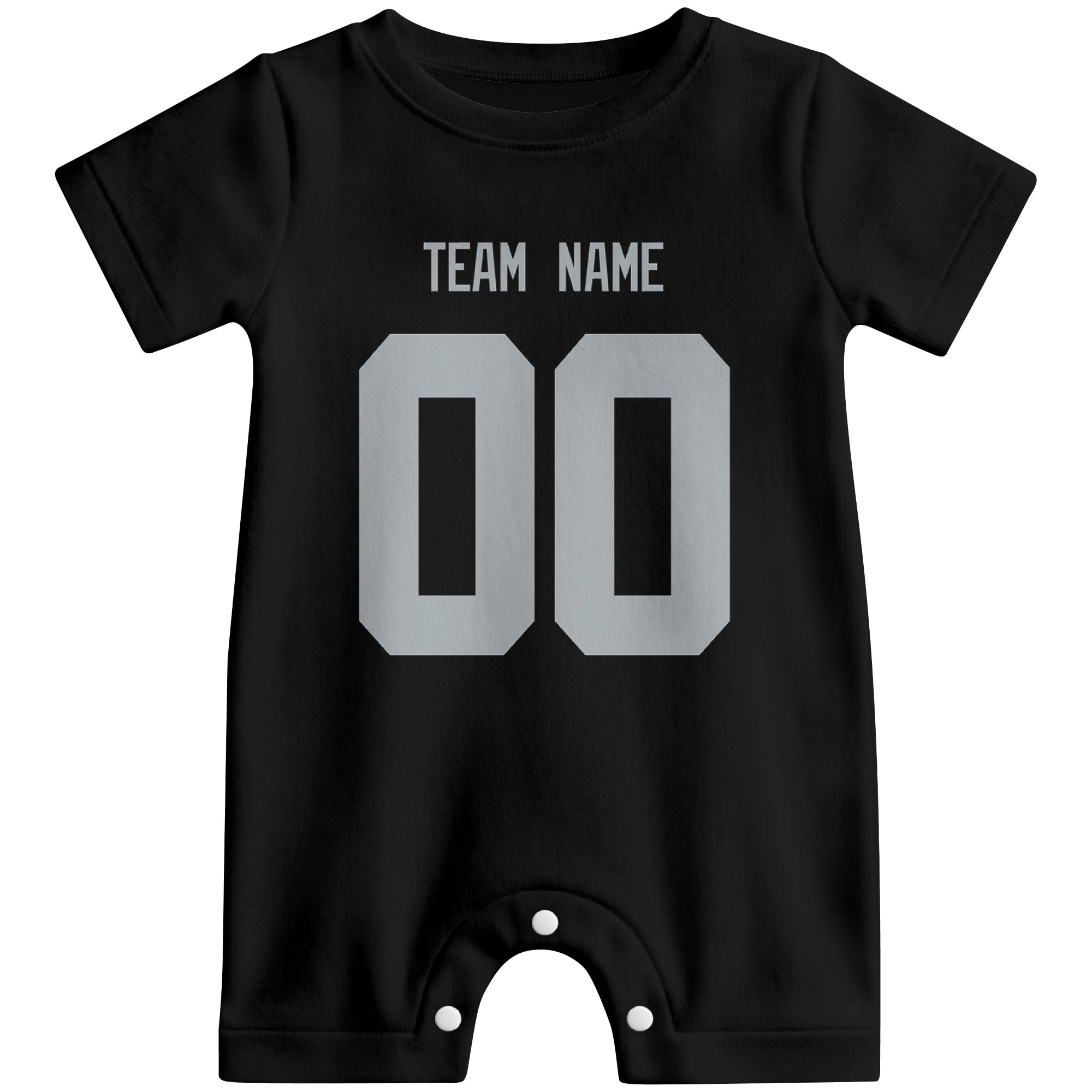 Front view of custom football-style baby onesie in Black personalized with team name and number