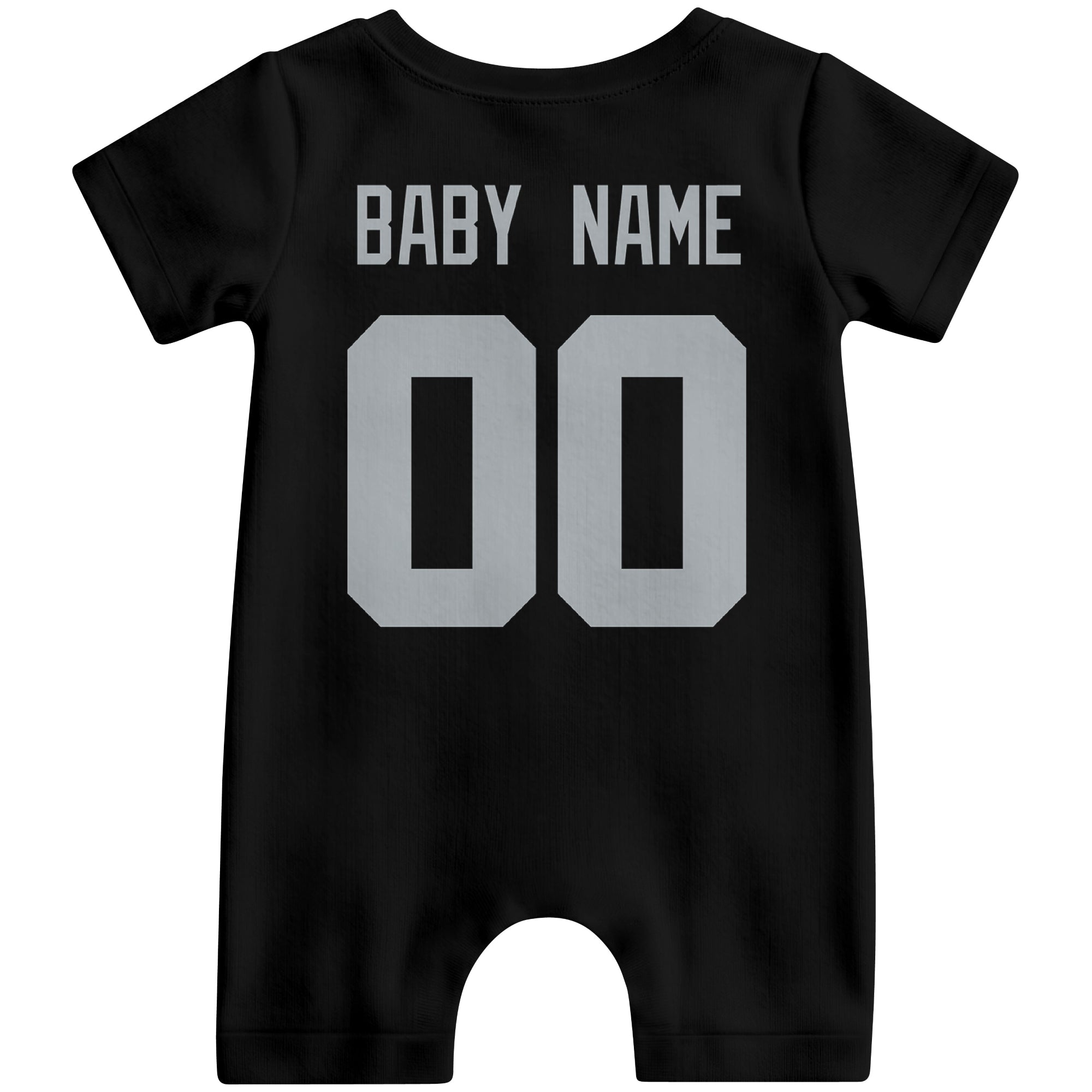 Back view of custom football-style baby onesie in Black personalized with baby name and number