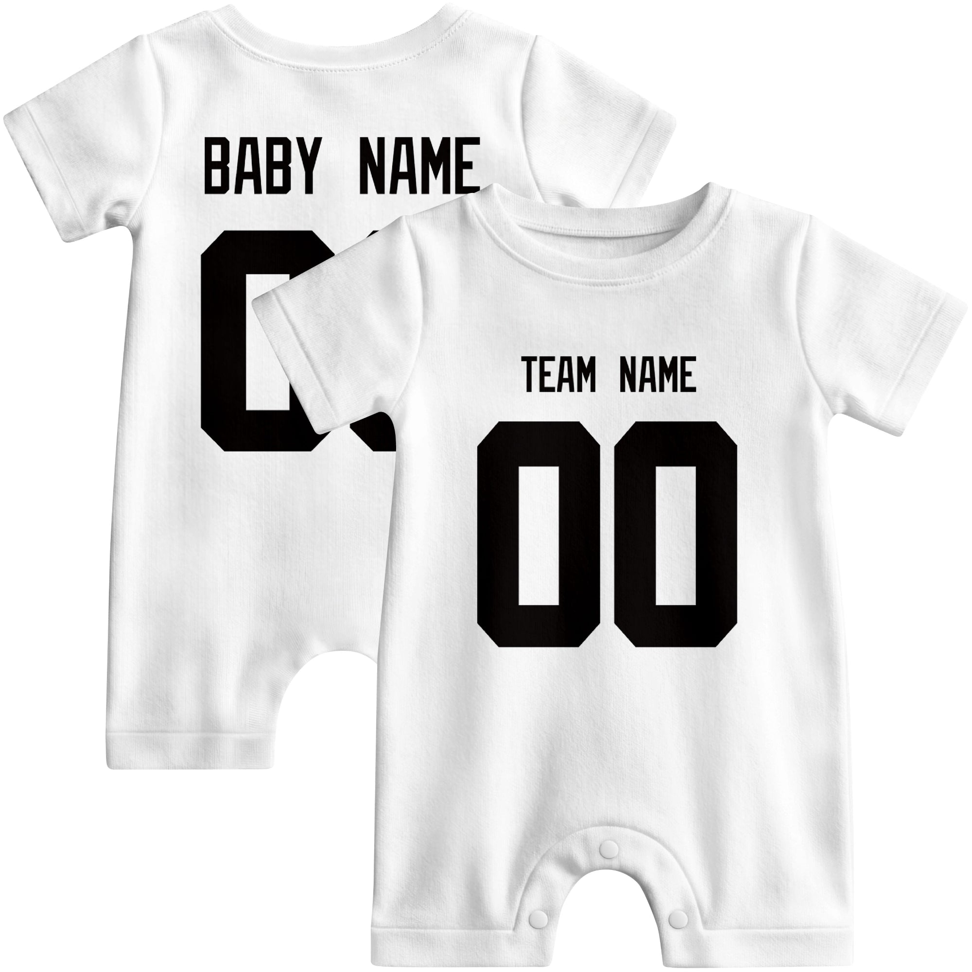 Front and back views of custom football-style baby onesie in White and Black colors with personalized details