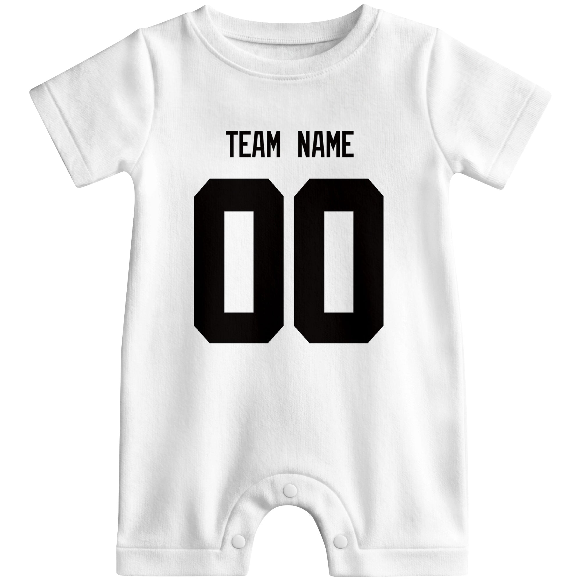 Front view of custom football-style baby onesie in White personalized with name and number