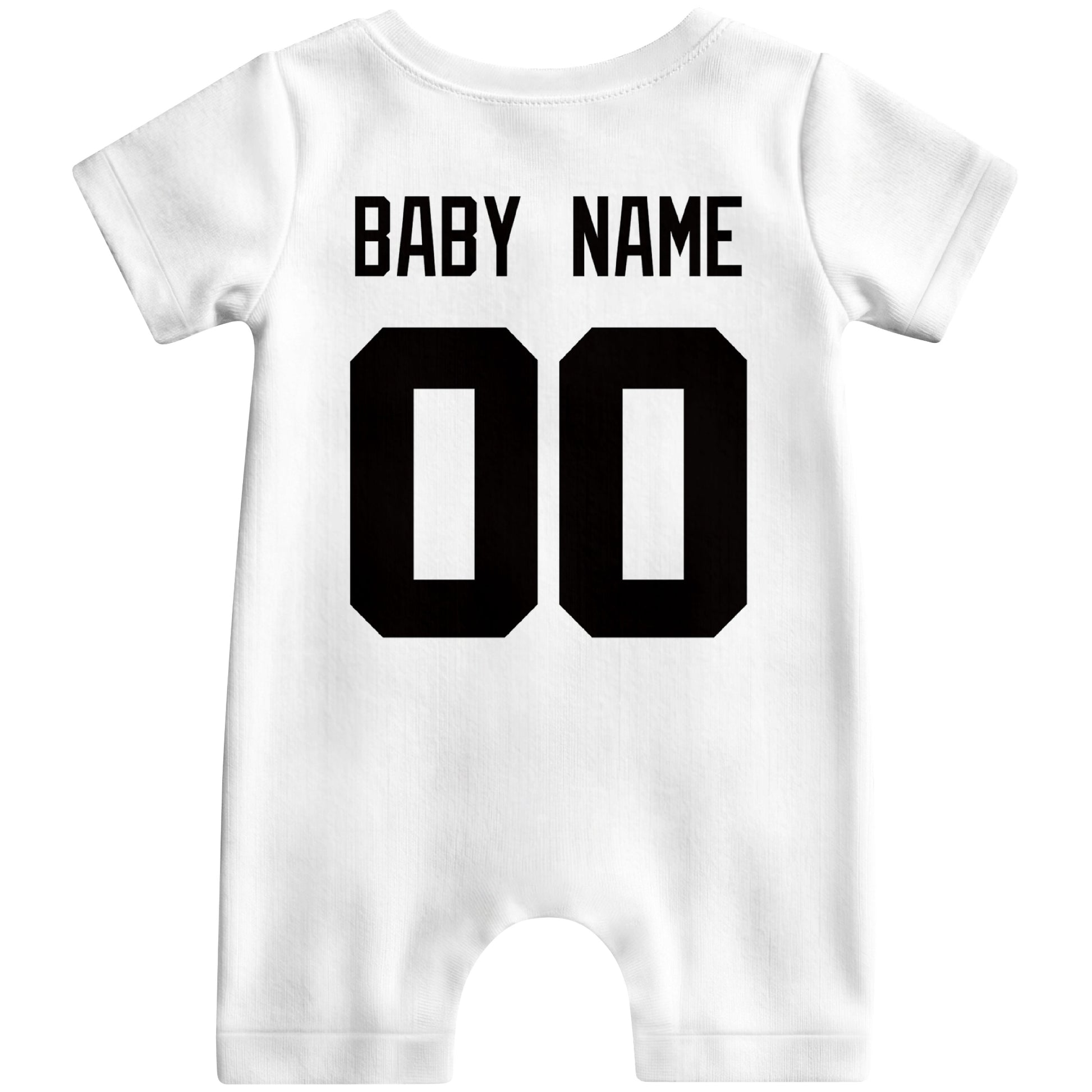 Back view of custom football-style baby onesie in White personalized with name and number