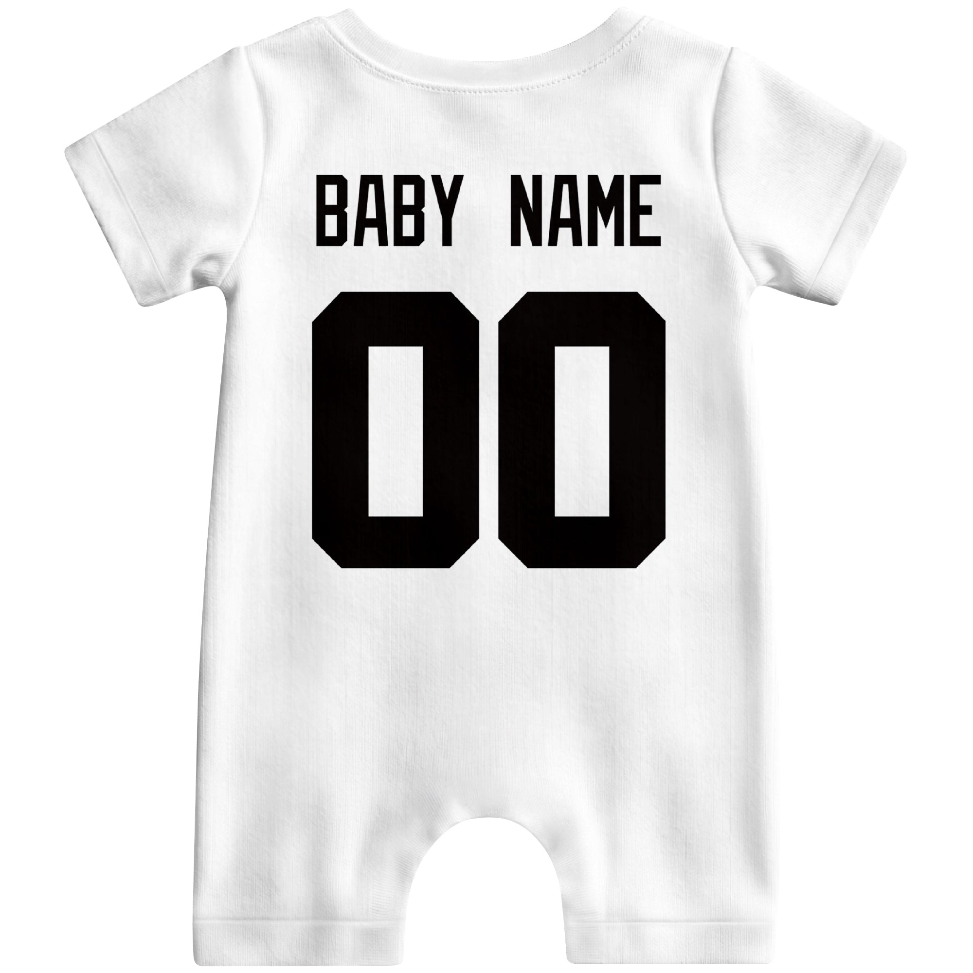 Back view of custom football-style baby onesie in White personalized with name and number