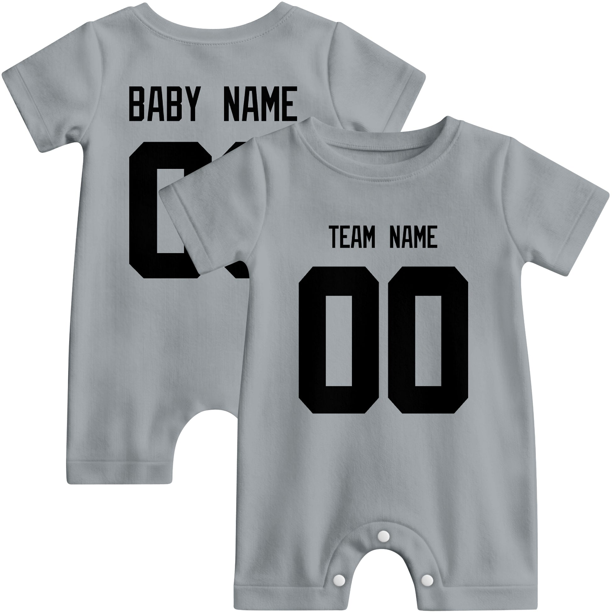 Front and back views of custom football-style baby onesie in Gray and Black colors with personalized details