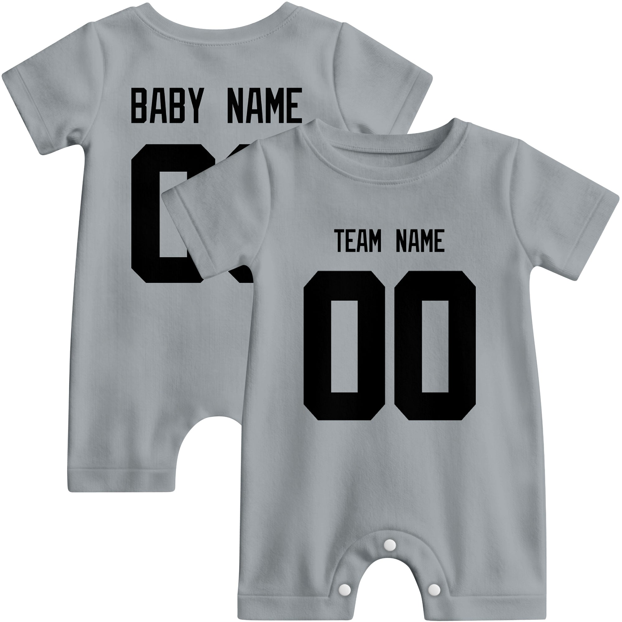 Front and back views of custom football-style baby onesie in Gray and Black colors with personalized details