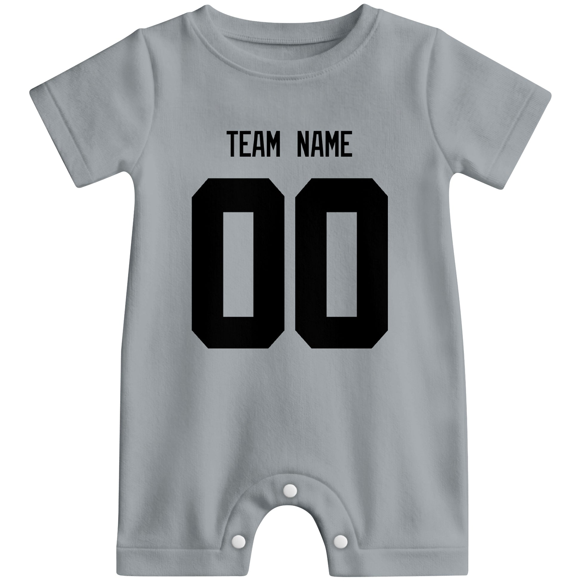 Front view of custom football-style baby onesie in Gray personalized with name and number