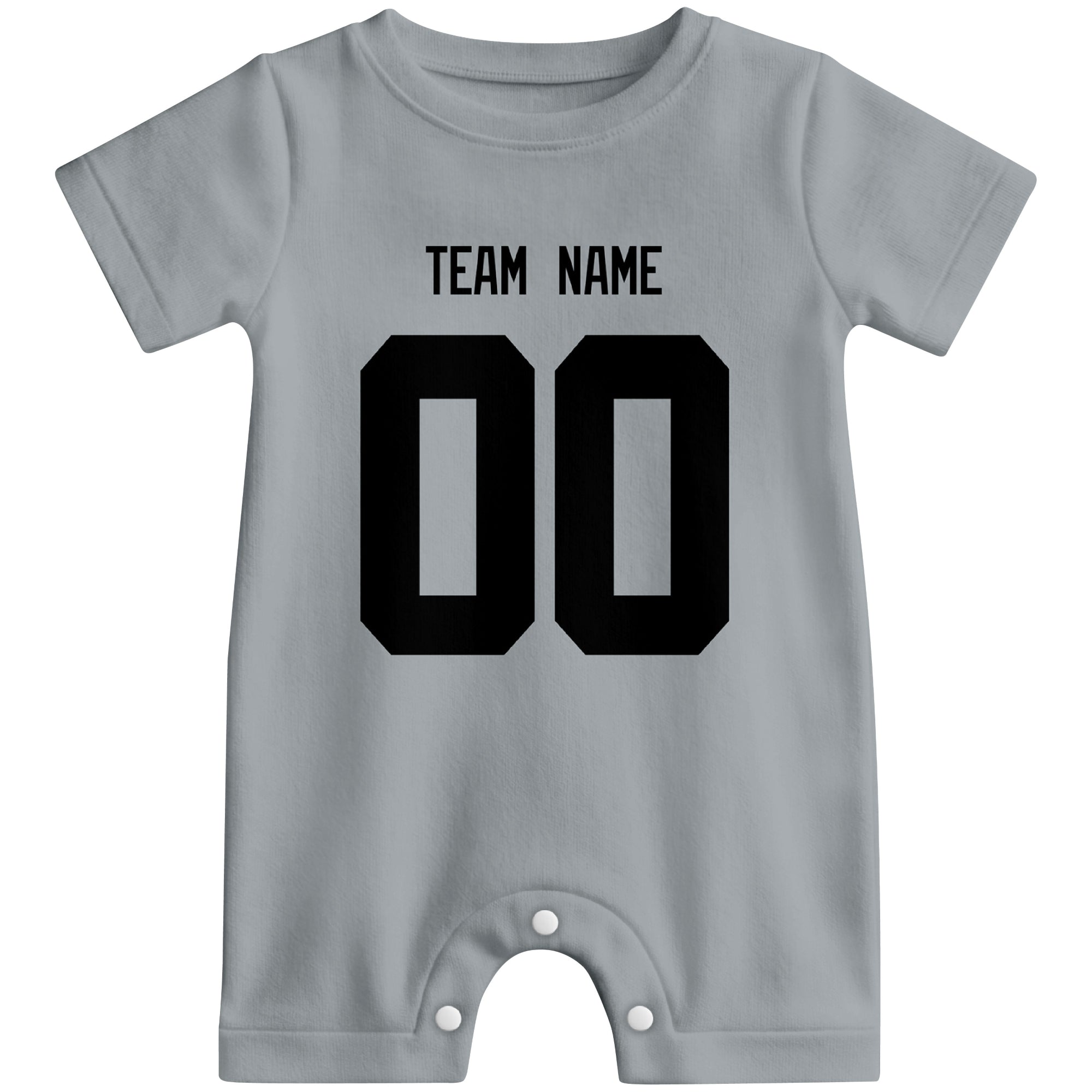 Front view of custom football-style baby onesie in Gray personalized with name and number
