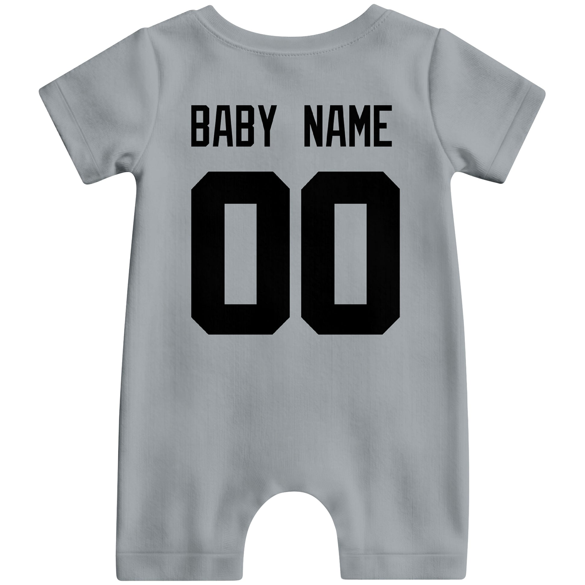 Back view of custom football-style baby onesie in Gray personalized with name and number