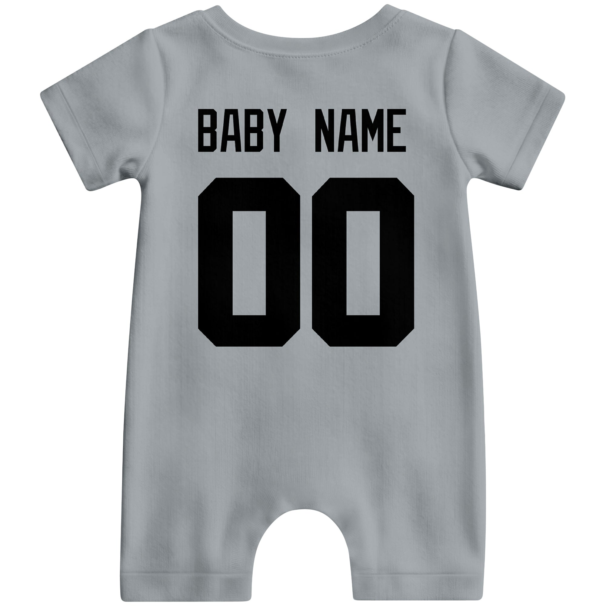 Back view of custom football-style baby onesie in Gray personalized with name and number