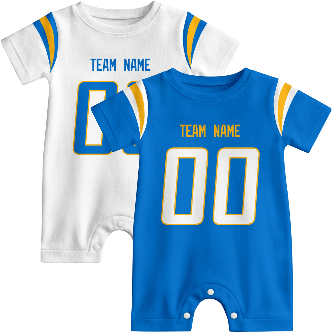 Baby wearing custom football-style onesie in Blue, White, and Gold with personalized name and number