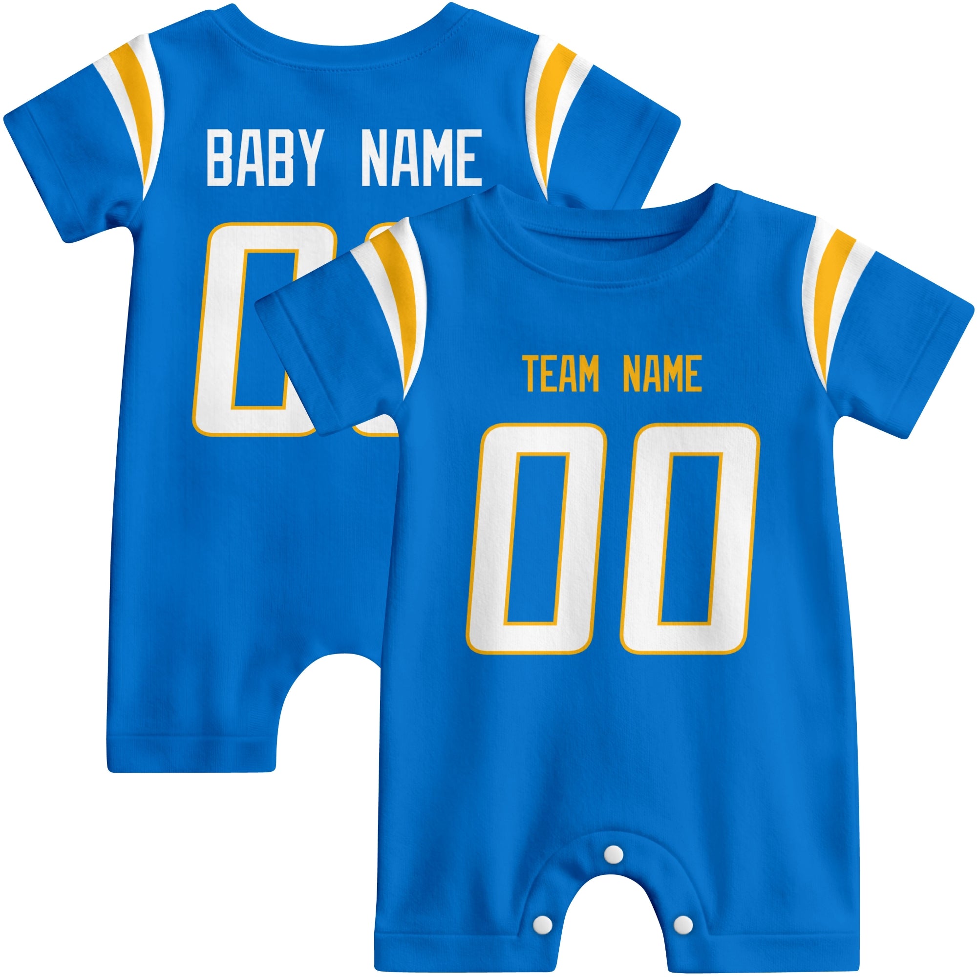 Front and back views of custom football-style baby onesie in Blue and White colors with personalized details