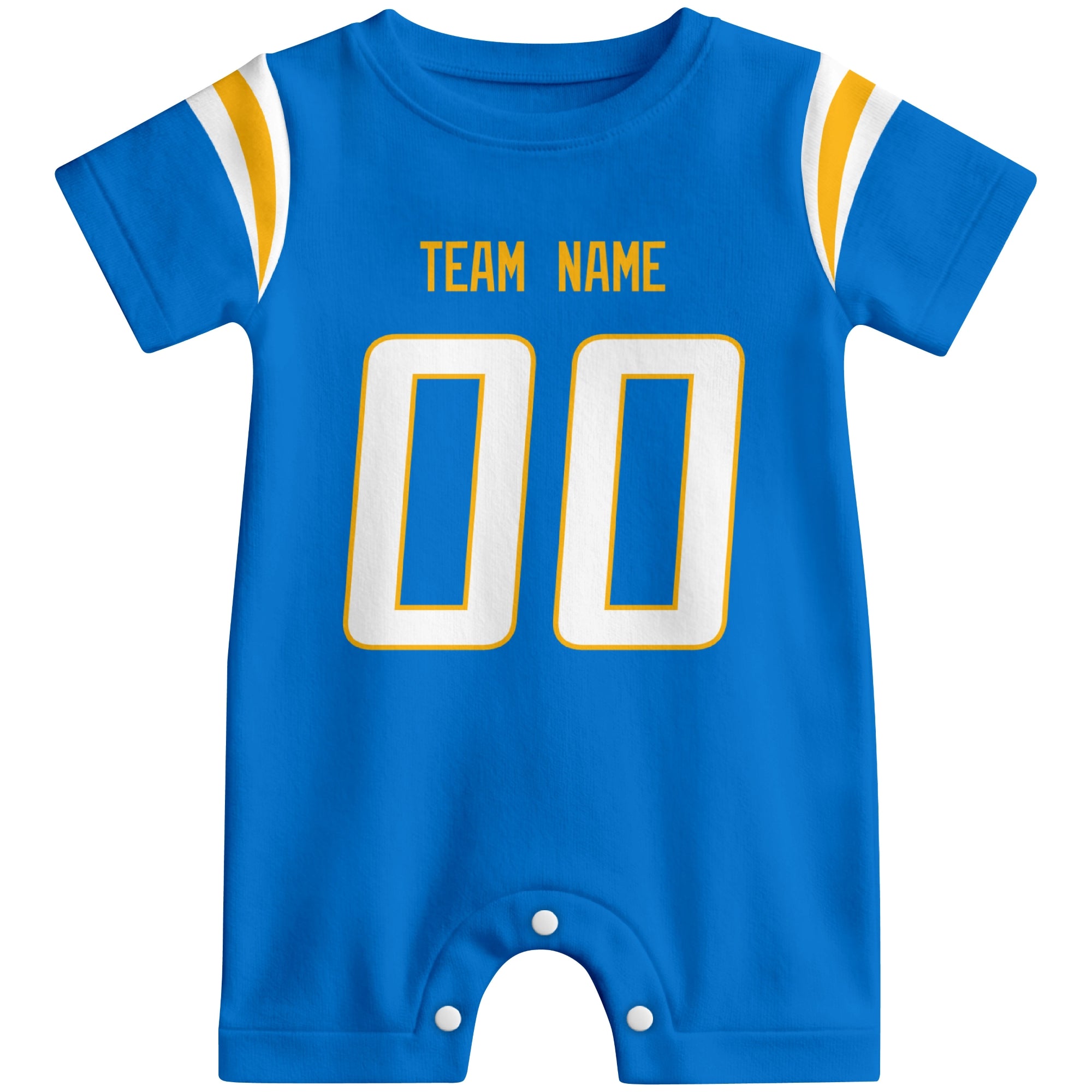 Front view of custom football-style baby onesie in Blue personalized with team name and number