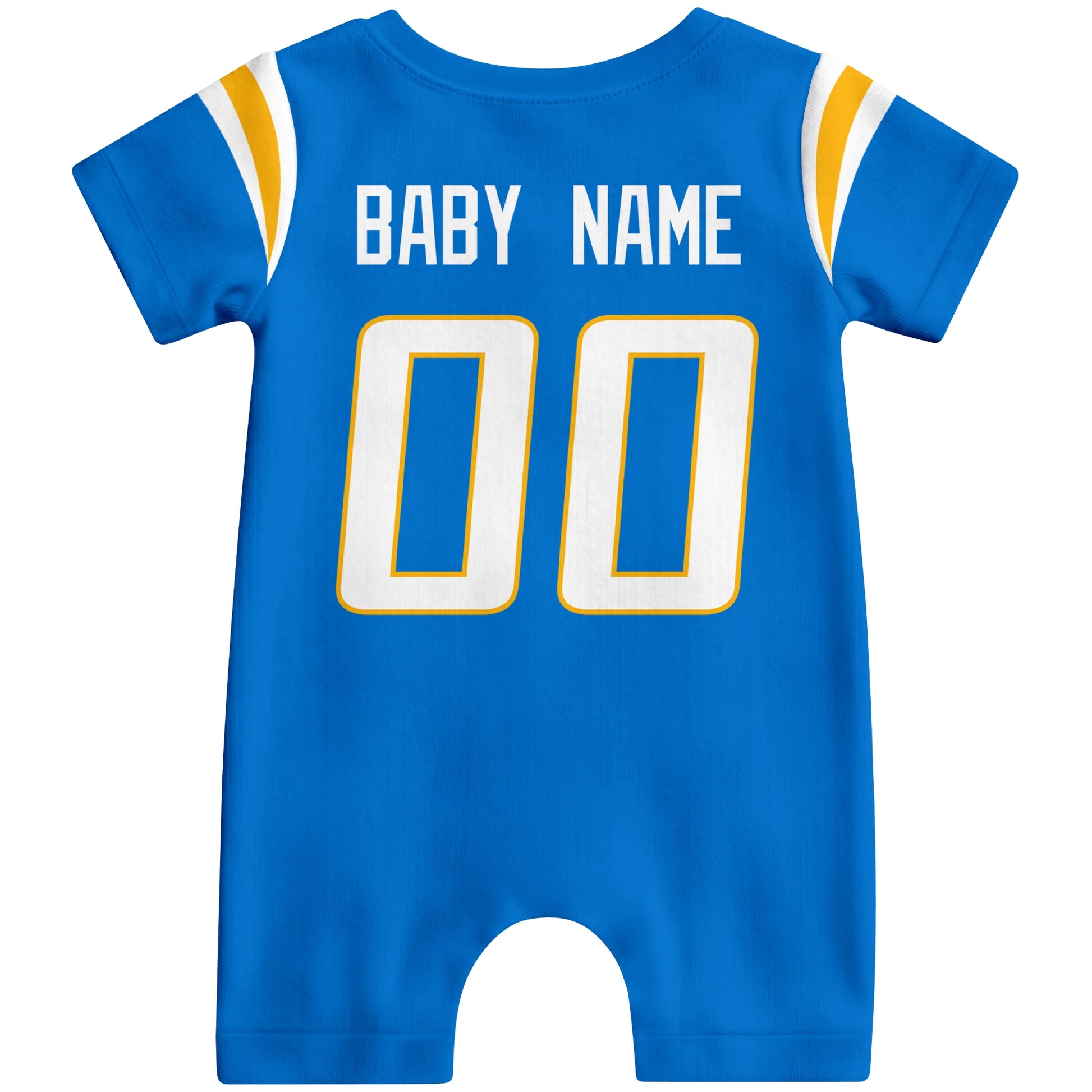 Back view of custom football-style baby onesie in Blue personalized with baby name and number