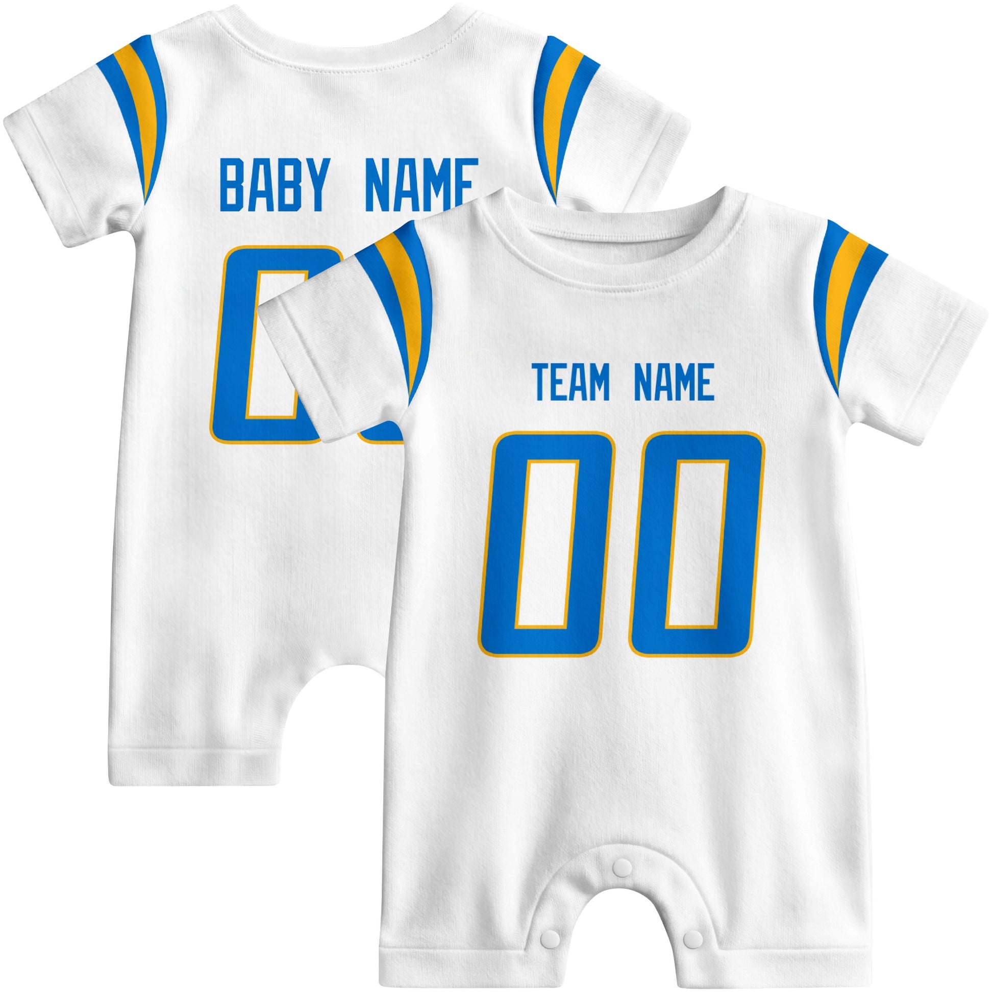 Front and back views of custom football-style baby onesie in White and Blue colors with personalized details