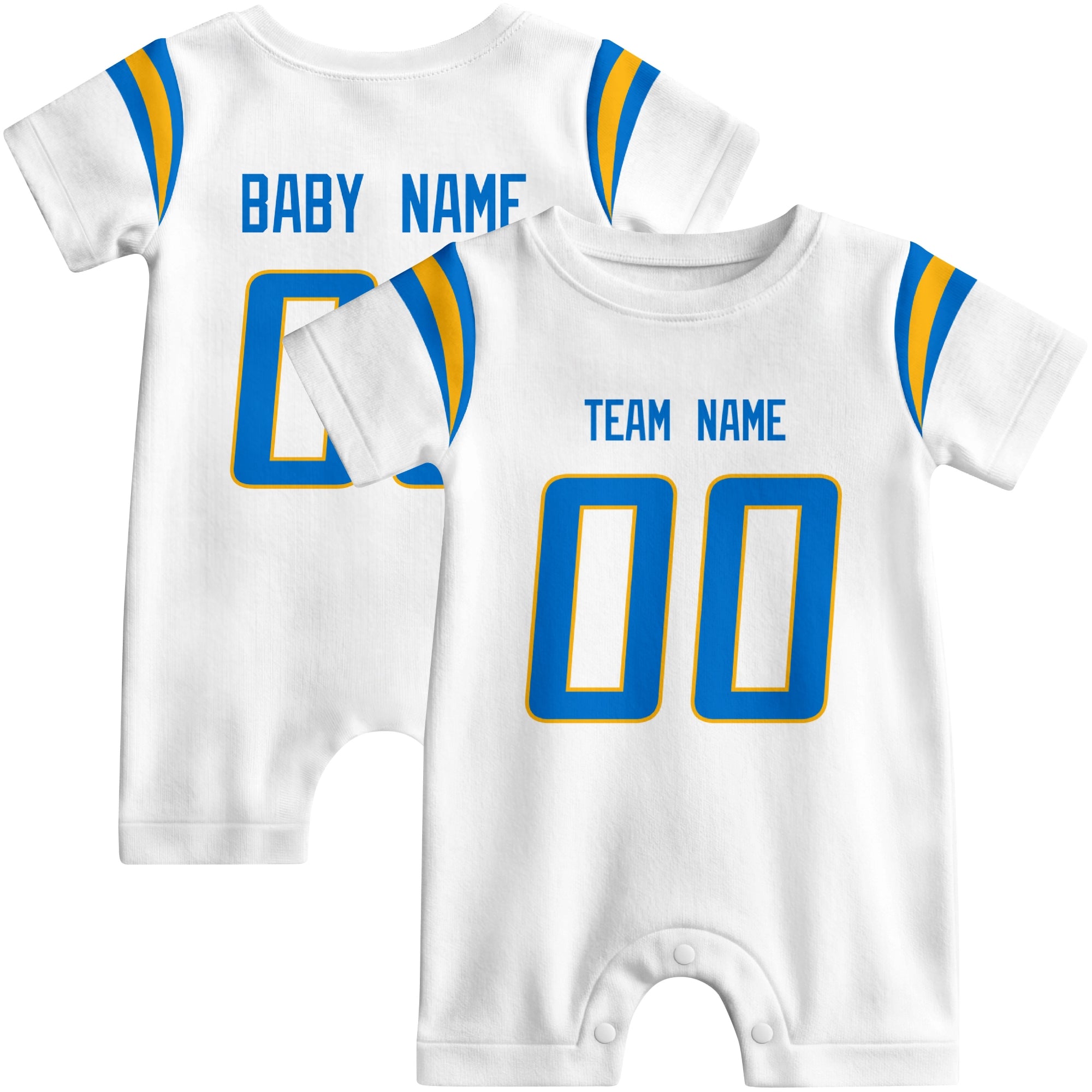 Front and back views of custom football-style baby onesie in White and Blue colors with personalized details