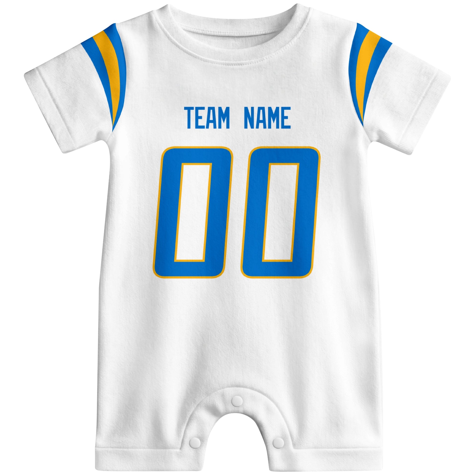 Front view of custom football-style baby onesie in White personalized with name and number