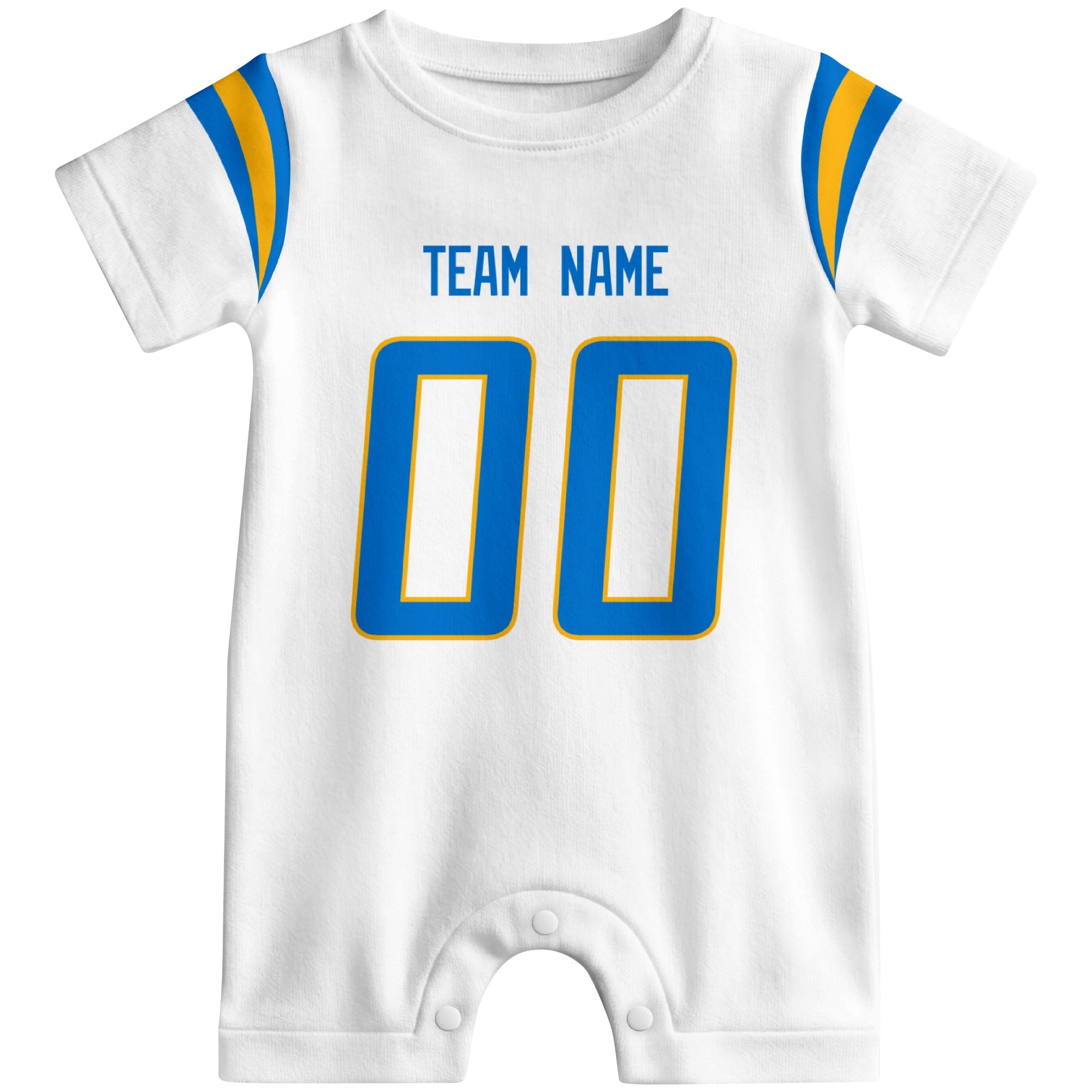 Front view of custom football-style baby onesie in White personalized with name and number