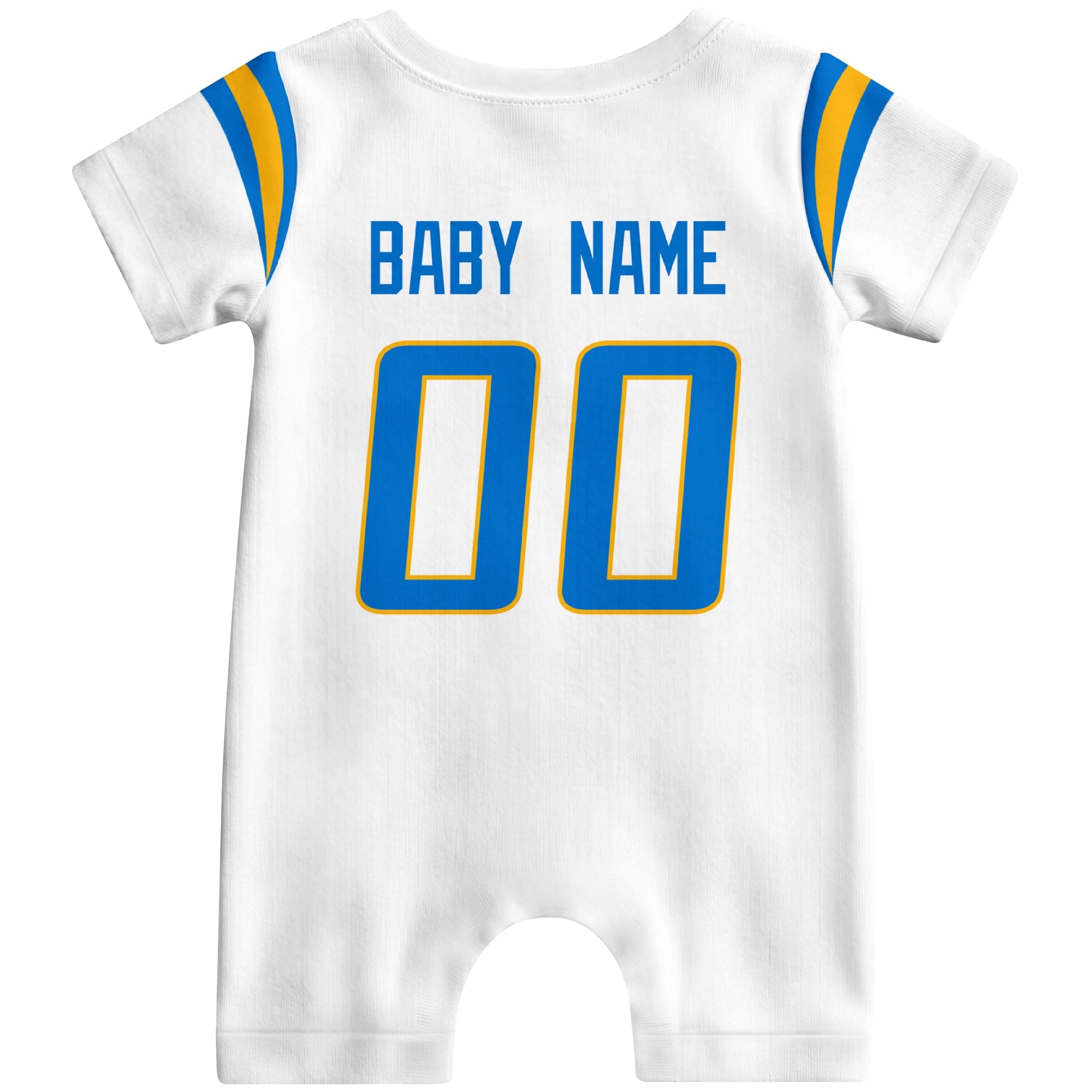Back view of custom football-style baby onesie in White personalized with name and number