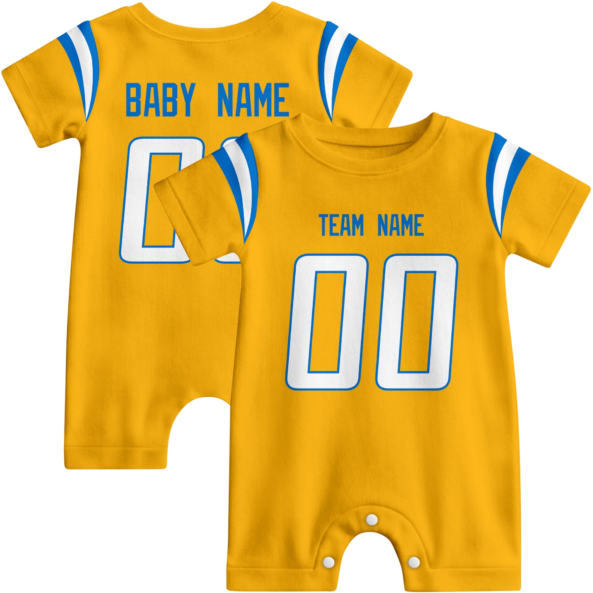 Front and back views of custom football-style baby onesie in Gold and Blue colors with personalized details