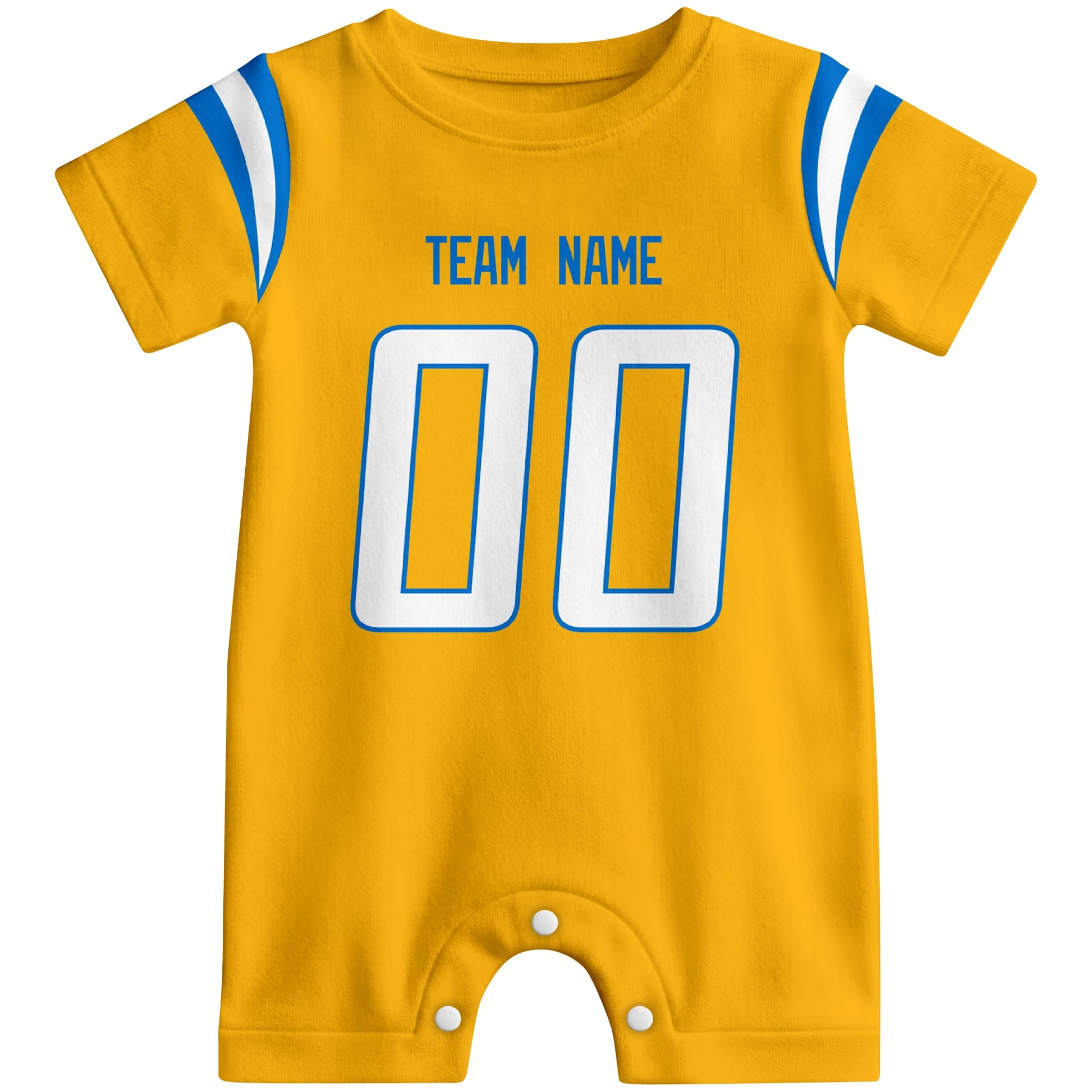 Front view of custom football-style baby onesie in Gold personalized with name and number