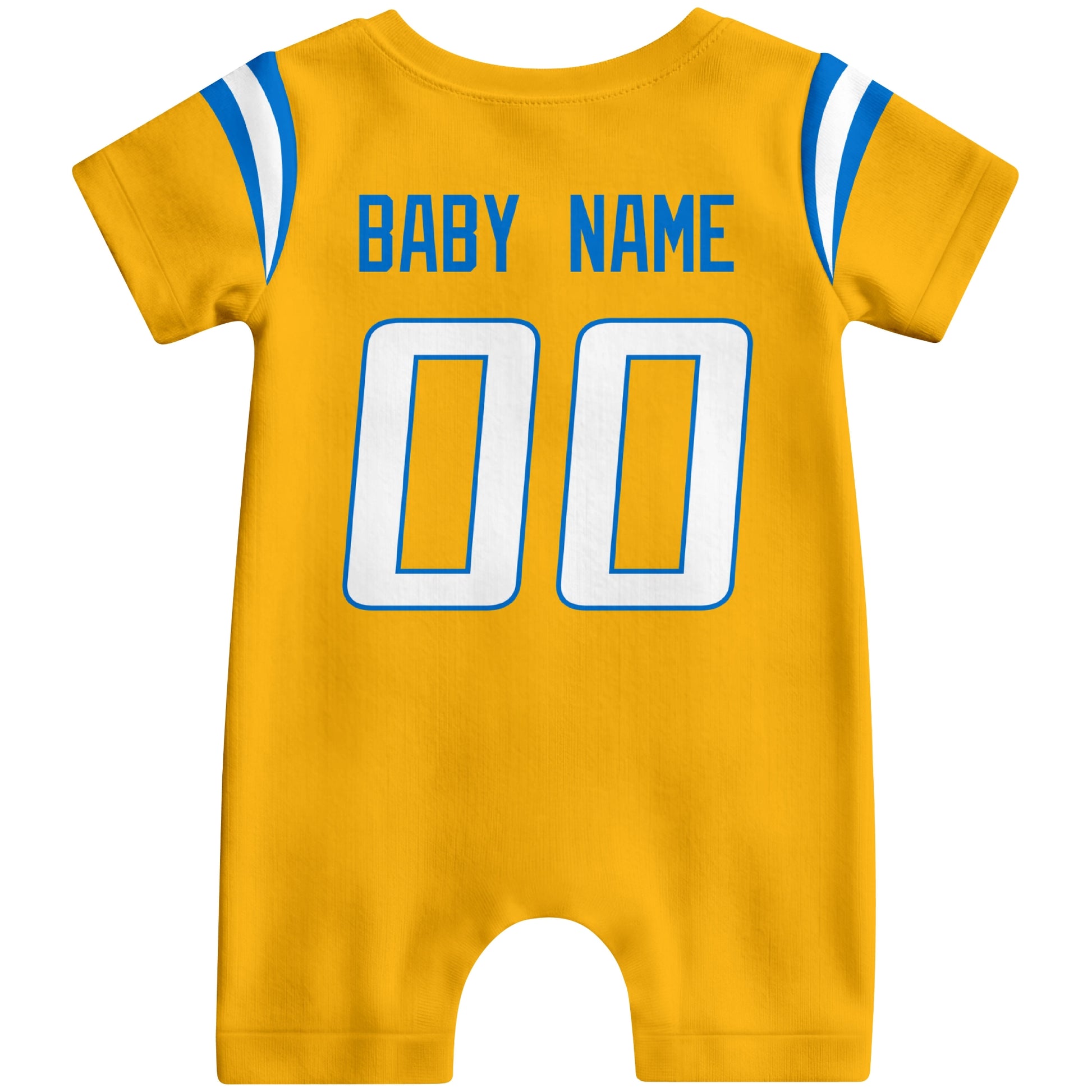 Back view of custom football-style baby onesie in Gold personalized with name and number